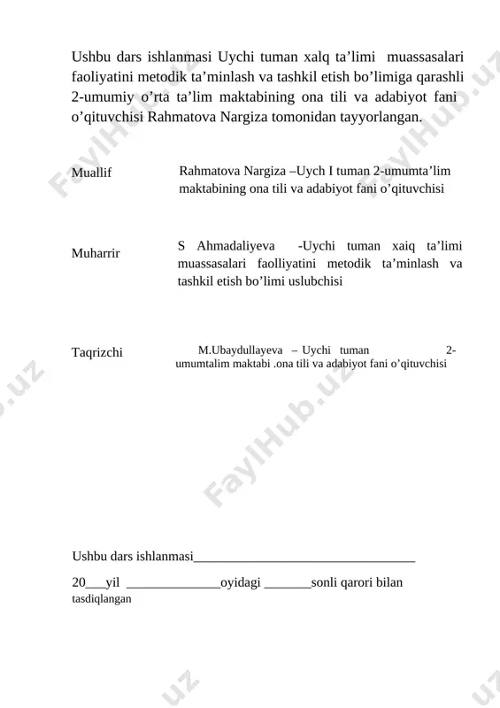 vzusi haqida tasavvurga ega bo’lish, uni og’zaki ifodalash, dars davomida adabiy tilda so’zlasishga erishish. axborot bilan ishlash kompetinsiyasi: mavzuga doir turli xil adabiyotlardan foydalana olish shaxs sifatida o’z-o’zini rivojlantirish kompetensiya dars davomida o’z-o’zini boshqarish do’stini hurmat qilish, o’zgalar fikrini tinglash, topshiriqlarni o’z vaqtida bajarish umumbashariy kompetinsiya ijodiy qobiliyatni namoyon etish, odob axloq qoidalariga rioya qilish . tashkiliy qism: salomlashish, o’quvchilarni darsga psixologik tayyorlash (refleksiya bosqichi), ehtiyojlarni aniqlash, davomatni aniqlash. o’tilgan mavzuni so’rash: yangi mavzu bayoni: yangi mavzuni mustahkamlash: uyga vazifa berish: baholash: 5 daqiqa 10 daqiqa 10 daqiqa 15 daqiqa 3 daqiqa 2 daqiqa o’qituvchi: mavzuni o’quvchilar imkon boricha to’liq o’zlashtirishga erishadi. o’quvchilar faolligini oshiradi. o’quvchilarda fanga nisbatan qiziqish uyg’otadi. darsda imkon qadar ko’proq o’quvchilarni baholaydi. o’quvchilarda mustaqil va ijodiy fikrlash qobiliyatlarini shakllantirishga erishadi. ularning og’zaki va yozma nutqini shakllantirishga muvaffaq bo’ladi. o’quvchi: maqsud shayxzodaning “iskandar zulqarnayn” asari haqida bilim, ko’nikma va malakaga ega bo’ladi. mustaqil va ijodiy fikrlashni o’rganadi, …