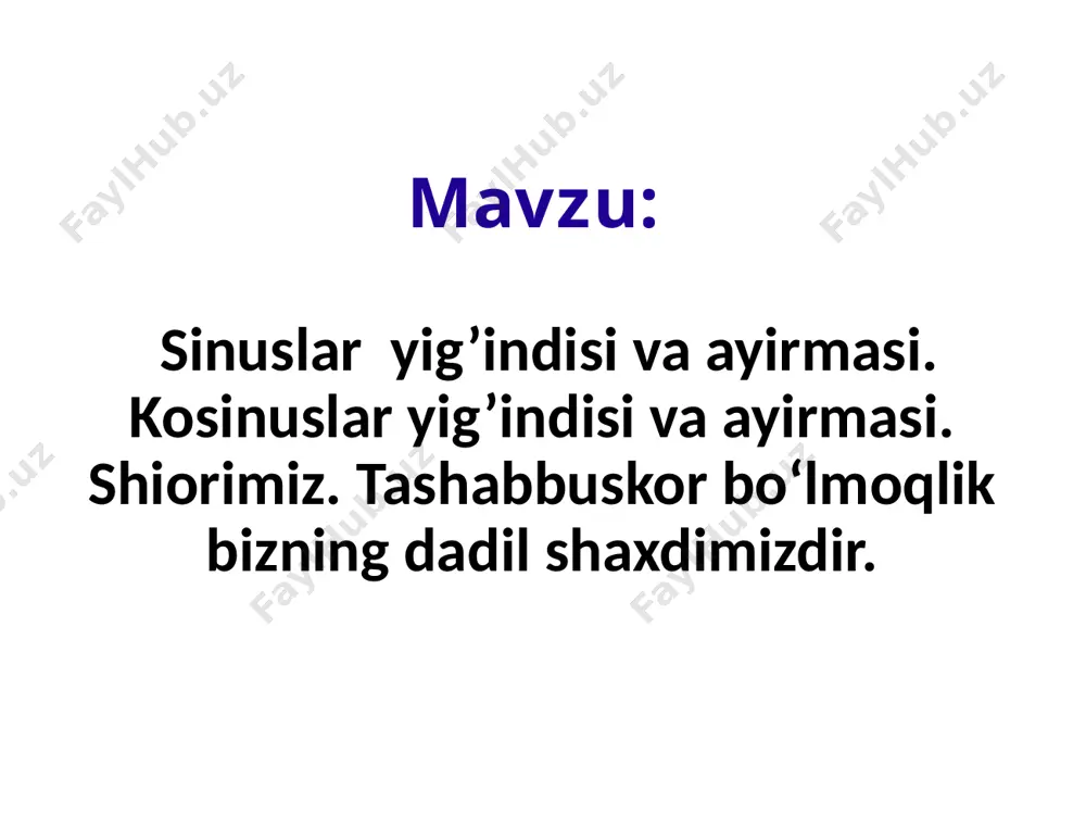. fudziyama tog’iga olib chiqadigan gotemba so’qmog’ining umumiy uzunligi taxminan 9 kilometrga teng. sayohatchilar 18 kilometr yurganlaridan so’ng soat 20:00 da qaytib kelishlari kerak. toshpo’lat o’rtacha bir soatda 1,5 kilometr yo’l bosib, tog’ga ko’tarilishini va tog’dan u bundan ikki marta katta tezlik bilan tushishini taxmin qildi. shuningdek, ovqatlanish va dam olish uchun vaqti qolishini mo’ljalladi. toshpo’latning tog’ga chiqish va tushish tezliklaridan foydalanib, soat 20:00 da qaytishi uchun u sayohatni uzog’i bilan qachon boshlashi kerakligini aniqlang. 3-savol. gotemba so’qmog’i bo’ylab ko’tarilishidan oldin o’zi bilan qadam hisoblagich oldi. u yuqoriga chiqquncha qadam hisoblagich 22500 qadam bosganini ko’rsatdi. toshpo’lat 9 kilometrlik gotemba so’qmog’i bo’ylab ko’tarilishida uning o’rtacha qadam uzunligini aniqlang. javobingizni santimetrlarda ifodalang. uyga vazifa darsda faol ishtirok etgan o‘quvchilarni baholanadi. uyga vazifa 318,320,322- misollar ishlab kelish. iqtidorli o‘quvchilarga qo‘shimcha misollar beriladi. e’tiboringiz uchun raxmat! 17 image1.jpeg image2.jpeg image3.png image4.png image5.png image6.png image7.png image8.jpeg image9.jpeg