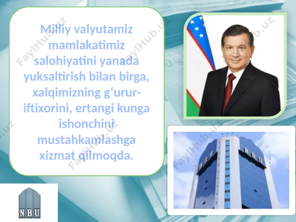 turonbank 1 aqsh dollarini 8430 so‘mdan sotib olib, 8480 so‘mdan sotsa, uzkomstroybank 8560 so‘mdan sotib olib, 8600 so‘mdan sotgan. buni yodda tuting! • xalqaro savdo bir davlat pul birligini ikkinchi davlat pul birligiga ayirboshlashni taqozo etadi. • valu ta kursining o ‘zgarishi xalqaro savdoga va mamlaka tlar iqtisodiyotiga kuchli ta’sir ko‘rsatadi. • kriptovaluta bu - raqamli texnologiyalarga asoslangan pul bo‘lib, u internet tarmog‘i orqali muomalaga kiritiladi. mustahkamlash valuta bozori nima sababdan kerak? valutaning ayirboshlov kursi nima va u qanday omillar ta’sirida shakllanadi? milliy valu taning kursi oshadigan va kamayadigan vaziya tlarga ikkitadan misol keltiring. milliy valutaning ayirboshlov kursini davlat qanday yo‘llar bilan boshqarishi mumkin? milliy valutaning ayirboshlov kursiga mamlakatdagi inflatsiya qanday ta’sir ko‘rsatadi? chet el valutasi kursining o‘zgarishi import va eksport hajmiga qanday vazifa: darslikning 142-145 betlarni o’qish. mazuga oid atamalarni yod olish. yana qanday kriptavalutalar nomlarini bilasiz? e’tiboringiz uchun rahmat image1.jpeg image2.png image3.jpeg image4.jpeg image5.jpeg image6.png image7.jpeg image8.jpeg image9.png …