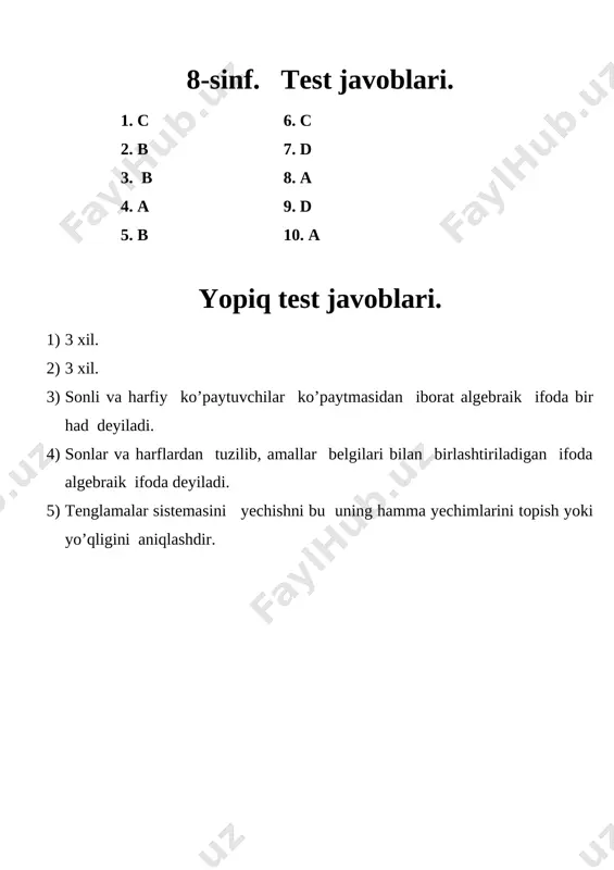 c) 1,5; d) 210; 6. tenglamani yeching: a) x≤-5; b) x≥-5; c) x<5; d) x≥5; 7. tenglamani yeching: 3x2=48; a) x = 4; b) x = -4; c) x1,2=4; d) x=8; 8. tenglamani yeching; x2+9x=0 a) x1,2= -9; b) x1,2=3; c) x1=0, x2= -9 d) x1=0, x2=-9 9. kvadrat tenglamani yeching: x2+x-6=0. a) x1=-3, x2=2; b) x1=3, x2=-2; c) x1,2=6; d) x1=-1, x2=2; 10. kvadrat tenglamani yeching: x2+7x+6=0 a) x1=1, x2=-1; b) x1=-6, x2=-1; c) x1=-7, x2=-6; d) x1=1-, x2=-5; yopiq test savollari. 1) tenglamalar sistemasini yechish deganda nimani tushunasiz? 2) kvadrat tenglama nima? 3) viyet teoremasini yozing? 4) kvadrat funksiya nima? 5) parabola nima? 9-sinf. test javoblari. 1. a 6. d 2. b 7. c 3. d 8. c 4. d 9. a 5. a 10. b yopiq test javoblari. 1) tenglamalar sistemasini yechishni bu uning hamma yechimlarini topish yoki yo’qliginianizlashdi. 2) ax2+bx=0, bunda a=0, x-nomallum 3) x1+x2= -p, …