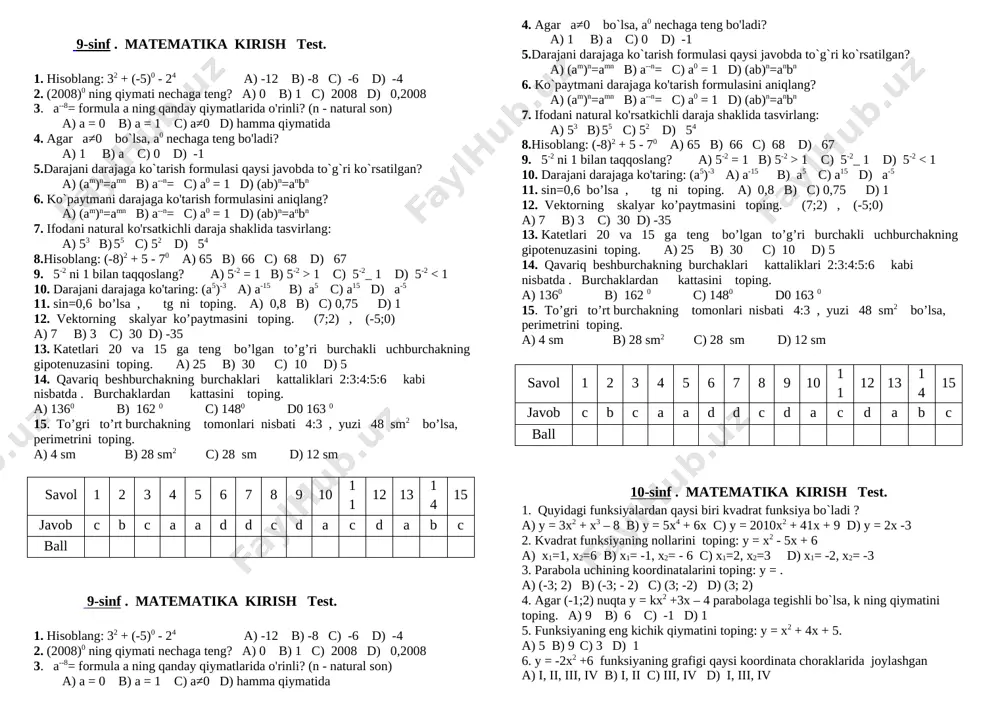 ta terdi ular jami necha kg paxta terdilar a.75 b. 55 d. 50 v. 65 8.men bir son o'yladim i sonda 25 qo'shib 7 ni ayirsak 60 hosil bo'ldi men qanday sonni o’yladim a.67 b. 25 d. 35 v. 42 9. 45-9* 3+4*3 ning qiymatini toping a. 24 b. 30 d. 48 v. 6 10.birinchi idishda 35l ikkinchi idishda 45 l sut bor . agar 2 idishdan 12 l sut olishgan bo'lsa ikkala idishda qancha sut qoladi ? a.24 b. 42 d. 68 v. 79 11.tenglamani yeching x+61=128 a. 189 b. 67 d. 103 v. 87 12.yulduzchani o'rniga shunday son qo'yingki natijada son 9 ga bo’linsin 1*00 a. 6 b. 7 d. 5 v. 8 13.quyidagi sonlardan eng katta sonni toping a 1000 b. 1111 d. 9999 v. 90999 14.to'g'ri to'rt burchakning eni 6 sm bo'yi 9 sm yuzini toping a.54 b. 60 d. 15 v. 68 15.ayirmani toping 6534 …