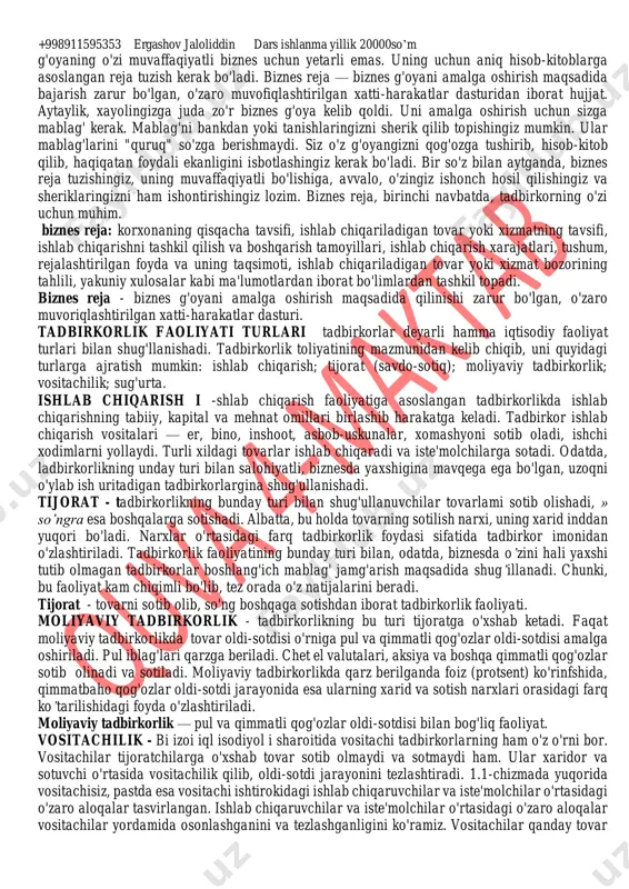 rish va xizmat ko'rsatish faoliyati. tadbirkorlar- foyda olish maqsadida ishlab chiqarish resurslaridan tovar va xizmatlar yaratish uchun tavakkalchilikni zimmasiga oladigan kishilar. tadbirkorlikning iqtisodiyotdagi roli tadbirkorlik bozor iqtisodiyotiga xos bo'lgan faoliyatdir. bozor iqtisodiyoti sharoitida tadbirkorlik - tabiiy, kapital va mehnat omillari bilan bir qatorda ishlab chiqarishning asosiy omiliga aylanadi. chunki, ishlab chiqarishning xuddi shu tadbirkorlik omili, qolgan uch omiln i birlashtirish imkonini beradi. tadbirkorlik jamiyat uchun kerak, chunki bu faoliyat natijasida yangi, qo'shimcha ish joylari yaratiladi. tadbirkorlik nafaqat iste'molchilar uchun, balki davlat uchun ham zarur va foydali faoliyatdir. davlat tadbirkorlikka keng yo'l ochib berishi bilan aholini ishga joylash, keng iste'mol tovarlar va xizmatlar bilan ta'minlash vazifasini, ma'lum ma'noda, o'zidan soqit qiladi. shu bilan birga, tadbirkorlik faoliyatidan olinadigan soliqlar hisobiga davlat xazinasi boyiydi. shu bois, davlat tadbirkorlikni har tomonlama qo'llab- quvatlaydi. qadriyatlar: sohibqiron amir temurning "ishbilarmon. mardlik va shijoat sohibi, azmi qat'iy, tadbirkor va hushyor bir kishi ming-minglab tadbirsiz, loqayd kishilardan yaxshidir" …