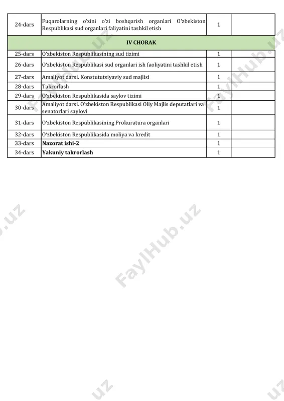 ublikasining prokuratura organlari 1 32-dars o‘zbekiston respublikasida moliya va kredit 1 33-dars nazorat ishi-2 1 34-dars yakuniy takrorlash 1 iv chorak
