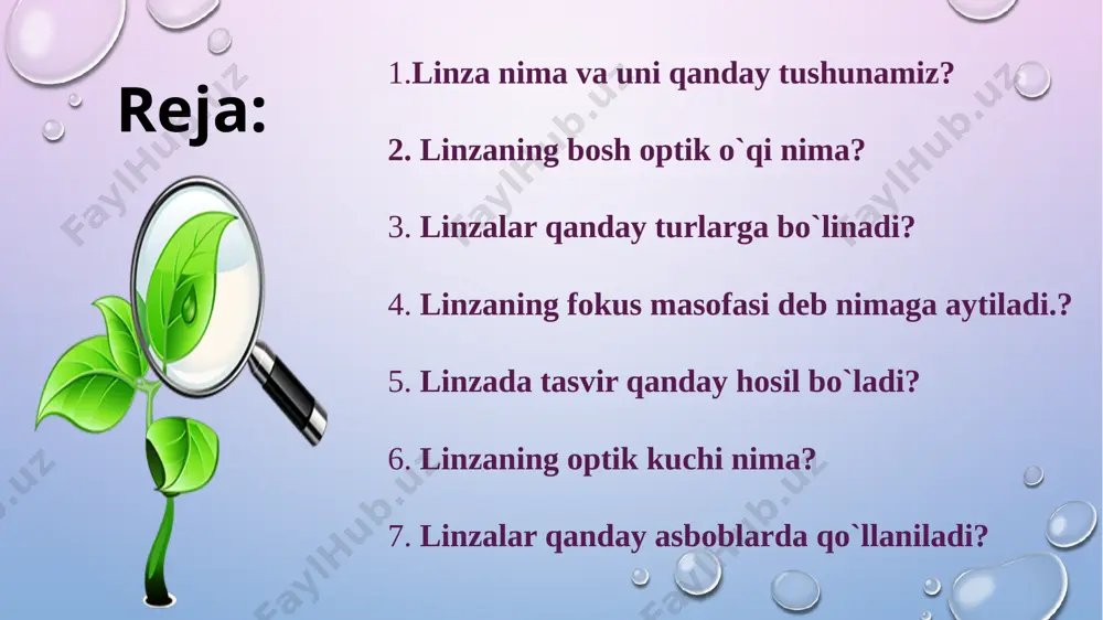 ichik kadrdagi tasvirni yuzlab marta kattalashtirib beradi. linzalar qanday turlarga bo`linadi? . linzaning o`rta qismi chetlariga qaraganda yo`g`on bo`lsa qavariq agar o`rta qismi chetlariga qaraganda ingichka bo`lsa botiq, ya’ni nurlarni sochadi linzadan o`tgan nurlar bir nuqtada yig`iladi. bu nuqta linzning fokus masofasi deyiladi. fokus nuqtani f harfi bilan belgilanadi. linzaning markazi o nuqtadan f nuqtgacha bo`lgan masofa linzaning fokus masofasi deyiladi. botiq linzada tasvir hosil bo`lmaydi. botiq linzada mavhum fokus mavjud. sochilgan nurlarni go`yoki f nuqtadan chiqib kelayotgandek tasavvur qilish mumkin linzaning fokus masofasi deb nimaga aytiladi? linzada tasvir qanday hosil bo`ladi? buyumdan linzaga qarab ikkita nur birinchisi optik o`qqa parallel, ikkinchisi linzaning markaziga yo`naltiriladi. nur linza fokusidan o`tsa, ikkinchisi linza markazidan sinmasdan o`tadi va a nuqtada uchrashadi va tasvir hosil bo`ladi. linzaning optik kuchi, buyum va linza orasidagi masofaga bog`liq ravishda tasvir turlicha bo`ladi. linzalarda tasvir yasash buyum bilan linza orasidagi masofaga bog`liq. fokus masofasi qisqaroq bo`lgan linza, fokus …