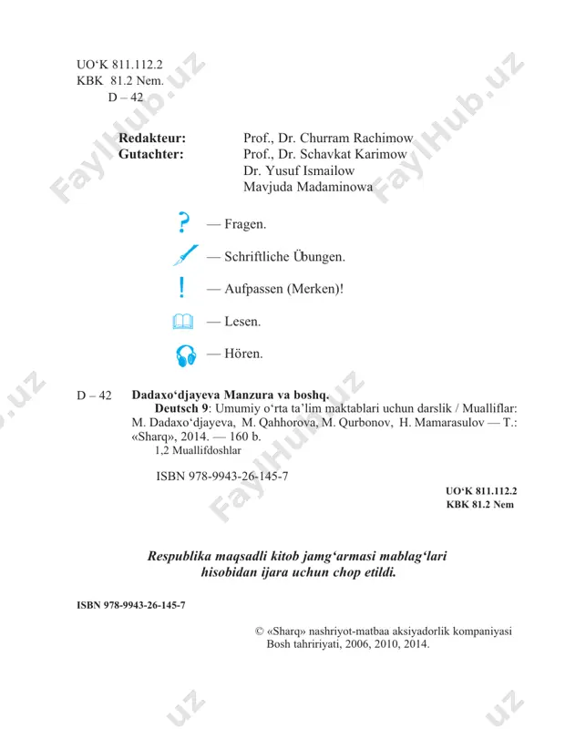 itum passiv grammatik: ▪ attributsatz ▪ infinitiv mit «zu» ▪ partizip i und partizip ii grammatik: ▪ präposition «neben» ▪ objektsatz (konjunktionalsatz) grammatik: ▪ futur passiv ▪ nebensatz mit «weil» grammatik: ▪ die direkte und indirekte rede ▪ die konjuktion «wenn» a. der dienstleistungssektor in deutschland b. modedesign als schulfach c. die dienstleistungsberufe in usbekistan grammatik: ▪ wortfolge in der direkten und indirekten rede ▪ apposition grammatik: ▪ nebensatz mit «dass» ▪ attributsatz lektion vi. dienstleistungen 109–113 lektion vii. globalisierung 114–143 4 man lernt im leben nie aus vorwort das verbesserte lehrbuch deutsch (für die 9. klasse) liegt vor ihnen. es enthä lt: — lektionsweise übersichten; — zahlreiche lexikalische, grammatische, mündliche und schriftliche übungen; — grammatische erläuterungen; — deutsch — usbekisch — russisches glossar; — audio – cd. lexikalischer und grammatischer stoff wird im lehrbuch auf der grund- lage der kommunikativen methode eingeführt und in den übungen gefestigt. diese methode …