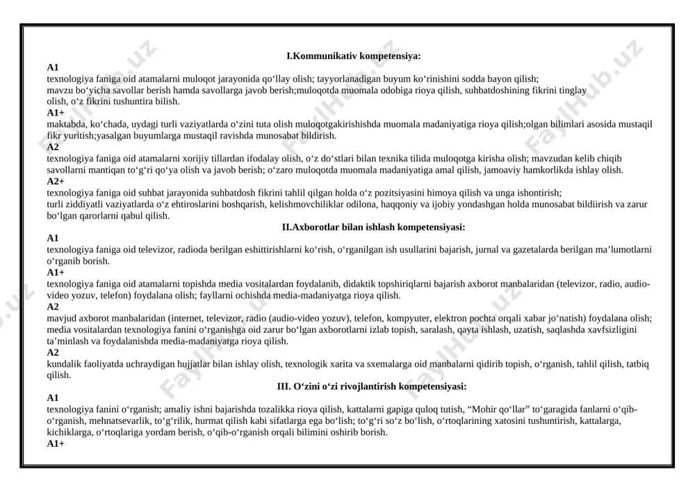 an foydalanib, didaktik topshiriqlarni bajarish axborot manbalaridan (televizor, radio, audio-video yozuv, telefon) foydalana olish; fayllarni ochishda media-madaniyatga rioya qilish. a2 mavjud axborot manbalaridan (internet, televizor, radio (audio-video yozuv), telefon, kompyuter, elektron pochta orqali xabar jo‘natish) foydalana olish; media vositalardan texnologiya fanini o‘rganishga oid zarur bo‘lgan axborotlarni izlab topish, saralash, qayta ishlash, uzatish, saqlashda xavfsizligini ta’minlash va foydalanishda media-madaniyatga rioya qilish. a2 kundalik faoliyatda uchraydigan hujjatlar bilan ishlay olish, texnologik xarita va sxemalarga oid manbalarni qidirib topish, o‘rganish, tahlil qilish, tatbiq qilish. iii. o‘zini o‘zi rivojlantirish kompetensiyasi: a1 texnologiya fanini o‘rganish; amaliy ishni bajarishda tozalikka rioya qilish, kattalarni gapiga quloq tutish, “mohir qo‘llar” to‘garagida fanlarni o‘qib-o‘rganish, mehnatsevarlik, to‘g‘rilik, hurmat qilish kabi sifatlarga ega bo‘lish; to‘g‘ri so‘z bo‘lish, o‘rtoqlarining xatosini tushuntirish, kattalarga, kichiklarga, o‘rtoqlariga yordam berish, o‘qib-o‘rganish orqali bilimini oshirib borish. a1+ texnologiya faniga oid turli yo‘nalishdagi kitoblarni muntazam o‘qish va o‘rganish; o‘zini xato va kamchiligini to‘g‘ri tushunish, xatolarini tuzatishga harakat qilish, …