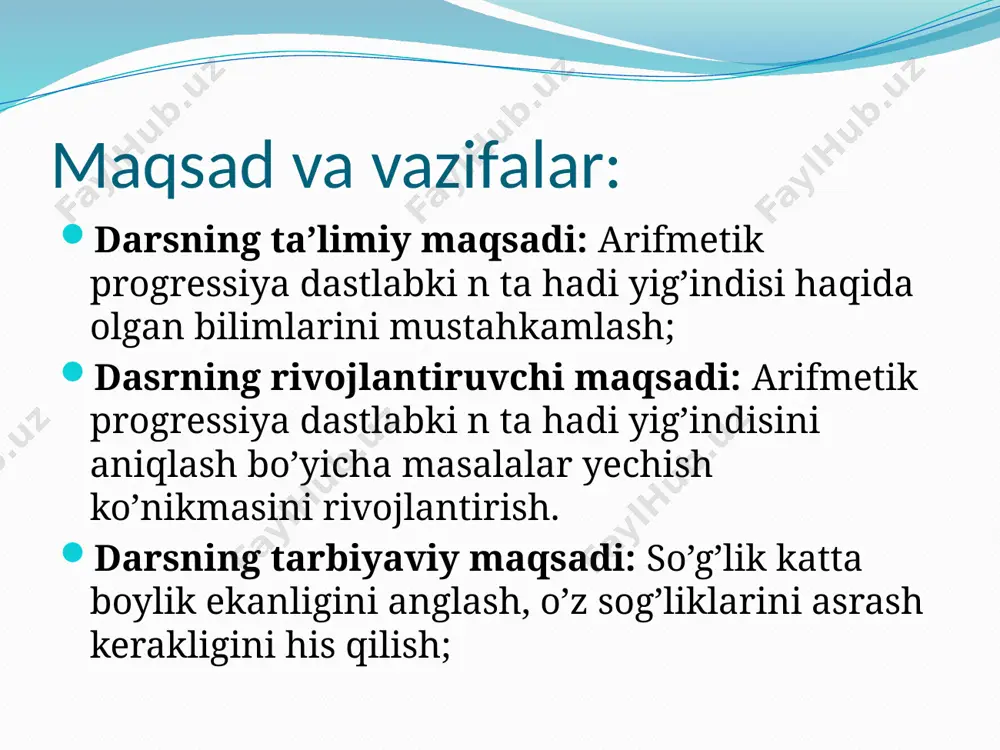 bemor birinchi kuni bitta, keying kunlarda bittaga orttirilib borilishi va 7 taga yetgach bittaga kamaytirilib borilishi kerak bo’lsa, bemor jami nechta nikotinka qabul qiladi? nima uchun nikotinka qabul qilish har kuni 1 taga oshirib boriladi, keyi 1 taga kamaytirib boriladi? 4-guruh yugirish bilan shug’illanish uchun birinchi kuni 10 daqiqa, keying har bir kunda 5 daqiqadan qo’shib borilib, yugirish vaqti 1 soatga yetgach o’zgartirilmasa, bu kishi 30 kunda qancha vaqt yugirish bilan shug’illanadi? nima uchun yugurishda har kuni 5 daqiqadan oshirib boriladi? 5-guruh binobop to’sinlarni saqlashda eng tagida 12 ta, keyingi har bir qatorda bittadan kamaytirilib, eng ustida bitta to’sin qo’yilsa, bu taxlamda nechta to’sin bo’ladi? nima uchun to’sinlar bunday taxlanadi? arifmetik progressiya dastlabki n ta hadi yig’indisi qanday hisoblanadi? arifmetik progressiya dastlabki n ta hadi yig’indisi formulasi qanday? barcha juft sonlar ketma-ketligi arifmetik progressiya bo’la oladimi? barcha 3 xonali toq sonlar ketma-ketligi qanday son bo’ladi? uyga vazifa: “arifmetik progressiya dastlabki …