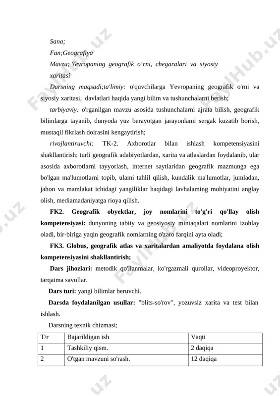 tini aniqlash, darsning mavzusi va maqsadini e'lon qilish. ii. o'tgan mavzuni so'rash. o'tilgan mavzu yuzasidan o'quvchilarga "blits-so'rov" tarzida tarqatma savollar tarqatiladi. o'quvchilar hamkorlikda javob beradilar. savollar: 1xalqaro iqtisodiy aloqalar deb nimaga aytiladi? javob; davlatlar o‘rtasidagi, xalqaro tashkilot va korporatsiyalar ishtirokidagi xo‘jalik aloqalariga aytiladi. 2 tashqi savdo aylanmasi hajmiga ko‘ra jahonda qaysi davlatlar yetakchilik qiladi? javob; aqsh, xitoy, germaniya, yaponiya, fransiya 3 jahonning rivojlangan davlatlari xalqaro savdoning necha foizini tashkil qiladi? javob; 60 foizini 4 tashqi savdoning deyarli 90 % i qaysi mintaqalarga to’g’ri keladi? javob; g‘arbiy yevropa, shimoliy amerika, osiyo-tinch ocean 5 jahonning eng yirik kapital eksportyorlari davlatlari qaysi davlatlar hisoblanadi? javob; aqsh, yaponiya, buyuk britaniya, germaniya, xitoy 6 turizm jahon ymmning necha foizini tashkil qiladi? javob; 10 foizni 7 hozirgi kunda turizmning an‘anaviy ko‘rinishlari qaysilar? javob; tabiiy, diniy, tarixiy 8 jahon mintaqalari orasida turistik oqimning eng katta qismini o‘ziga yo‘naltirganligi bilan ajralib turadigan qita qaysi? javob; yevropa iii. yangi …