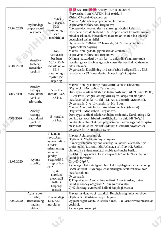 arli tarzda bayon etildi. [bookmark: _goback]uyga vazifa: 46.3, 46.4-masalalar berildi. 20.04.2020 proporsional kesmalarning xossalari 49.1;49.3; 49.5-masalalar o’qituvchi: mashkura fayzullayeva. mavzuni burchakni har ikkala tomoniniparallel kesmalar kesishishidan hosil bo’lgan burchaklari va kesmalari yordamida tushuntirildi.teorema va isbotini keltirib o’tdi.kesmalarni yasashga doir mashqlar ishlandi. uyga vazifa: 49.1;49.3; 49.5-masalalar 23.04.2020 to’g’ri burchakli uchburchakdagi proporsional kesmalar 50.3 va 50.4-masalalar o’qituvchi: mashkura fayzullayeva. dars ucburchakning tomonlariga va ko’ra turlarini takrorlash bilan boshlandi.to’g’ri burchakli uchburchakning to’g’ri burchagi uchidan tushirilgan balandligi uni o’ziga o’xshagan 2 ta ucburchakka ajratishi va ad va bd kesmalar ac va bc kesmalar ac va bc katetlarning gipotenuzadagi proyeksiyalari ekanligi tushuntirildi.faollashtiruvchi masqlar yechildi.pifagor teoremasi qo’llanildi. uyga vazifa: 50.3 va 50.4-masalalar 27.04.2020 aylanadagi proportsional kesmalar 139-bet. 52.1-masala, 52.2-masalaning b va c topshiriqlar 🌺🌺beautiful🌺🌺 beauty, [27.04.20 20:17] [forwarded from matem 5-11 tezislar] #9sinf #27aprel #geometriya mavzu: aylanadagi proportsional kesmalar. o'qituvchi: mohizabon turg'unova mavzuga doir teoremalar va ularning isbotlari keltirildi. chizmalar asosida tushuntirildi. proportsional kesmalarga oid misollar …