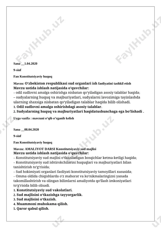 . umumxalq saylovi – mamlakat taraqqiyot yo‘li ekanligi. 2. saylovning qaysi modeli yaxshiroq ekanligi 3. demokratik saylov prinsiplari haqida tushunchaga ega bo’lishadi. uyga vazifa : mavzuni o’qib o’rganib kelish sana __29.04.2020 9-sinf fan konstitutsiyaviy huquq mavzu: amaliyot darsi o‘zbekiston respublikasi oliy majlis deputatlari va senatorlari saylovi mavzu ustida ishlash natijasida o’quvchilar: – saylov kampaniyasini o‘tkazish tartibi haqida; – ovoz berish mexanizmi haqida; – saylov jarayoni turli ishtirokchilarining roli haqida bilib olishadi. 1. oliy majlisga deputatlar va senatorlar saylovini o‘tkazish tartibi. 2. maktab kengashi saylovi haqida tushunchaga ega bo’lishadi uyga vazifa: mavzuni o’qib o’rganib kelish sana __06.05.2020 9-sinf fan konstitutsiyaviy huquq mavzu: o‘zbekiston respublikasi prokuratura organlari mavzu ustida ishlash natijasida o’quvchilar: – qonunlar ijro etilishi ustidan nazorat qilish borasida prokuratura organlari faoliyati haqida; – prokuratura xodimlarining huquqlari va majburiyatlari haqida; – o‘zbekiston respublikasida prokuratura organlari faoliyatining xususiyatlari haqida bilib olishadi. 1. prokuror – qonun himoyachisi. 2. prokuratura organlari. 3. prokuror nazoratiga …