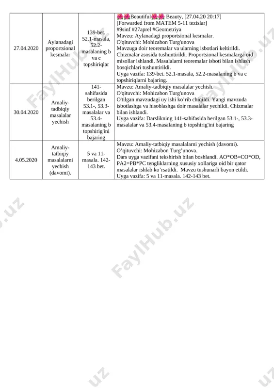 arli tarzda bayon etildi. [bookmark: _goback]uyga vazifa: 46.3, 46.4-masalalar berildi. 20.04.2020 proporsional kesmalarning xossalari 49.1;49.3; 49.5-masalalar o’qituvchi: mashkura fayzullayeva. mavzuni burchakni har ikkala tomoniniparallel kesmalar kesishishidan hosil bo’lgan burchaklari va kesmalari yordamida tushuntirildi.teorema va isbotini keltirib o’tdi.kesmalarni yasashga doir mashqlar ishlandi. uyga vazifa: 49.1;49.3; 49.5-masalalar 23.04.2020 to’g’ri burchakli uchburchakdagi proporsional kesmalar 50.3 va 50.4-masalalar o’qituvchi: mashkura fayzullayeva. dars ucburchakning tomonlariga va ko’ra turlarini takrorlash bilan boshlandi.to’g’ri burchakli uchburchakning to’g’ri burchagi uchidan tushirilgan balandligi uni o’ziga o’xshagan 2 ta ucburchakka ajratishi va ad va bd kesmalar ac va bc kesmalar ac va bc katetlarning gipotenuzadagi proyeksiyalari ekanligi tushuntirildi.faollashtiruvchi masqlar yechildi.pifagor teoremasi qo’llanildi. uyga vazifa: 50.3 va 50.4-masalalar 27.04.2020 aylanadagi proportsional kesmalar 139-bet. 52.1-masala, 52.2-masalaning b va c topshiriqlar 🌺🌺beautiful🌺🌺 beauty, [27.04.20 20:17] [forwarded from matem 5-11 tezislar] #9sinf #27aprel #geometriya mavzu: aylanadagi proportsional kesmalar. o'qituvchi: mohizabon turg'unova mavzuga doir teoremalar va ularning isbotlari keltirildi. chizmalar asosida tushuntirildi. proportsional kesmalarga oid misollar …