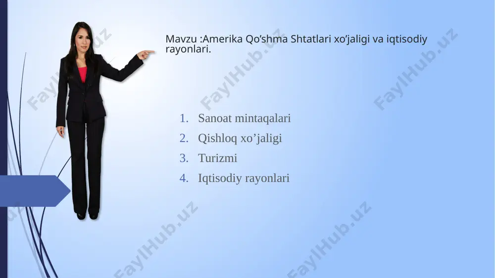 gan qishloq xo’jalik mintaqasi xisoblanadi. 8 turizmi. aqsh turizm hisobiga eng katta daromad oluvchi davlat hisoblanadi.aqshga ko’proq kanada va yevropadan sayyohlar keladi.florida,kalforniya va gavayi shtatlarida dengiz bo’yi turizmi keng rivojlangan.nyu-york,chikago,los-anjeles va boshqa shtatlarga har yili o’nlab million sayyohlar tashrif buyuradilar.mamlakatda turizm rivojlanishi uchun juda boy tabiiy resurslar ham mavjud. eri va ontario ko’llari oralig’ida joylashga niagara sharsharasi o’zining maftunkorligi bilan juda ko’p sayyohlarni o’ziga jalb qiladi. 10 11 iqtisodiy rayonlari aqshda tabiiy va ijtimoiy-tarixiy sabablarga ko’ra turli iqtisodiy qudrat va ixtisoslashuvga ega bo’lgan quyidagi 4 ta yirik iqtisodiy rayon (makrorayon) ajratilad: shimoli-sharq:atlantika okeani bo’yida joylashgan maydoni kichik,ammo aholi soni va zichligi kata bo’lgan,yuqori darajada sanoatlashgan,eng yirik moliyaviy markazlarga ega bo’lgan shtatlarni qamrab olgan. o’rta g’arb:buyuk ko’llardan janub va g’arbda joylashgan,ko’ptarmoqli sanoat,donchilik va sut chorvachiligiga ixtisoslashgan. janub:paxtachilik,tamakichilik,bog’dorchilik,neft-kimyo va to’qimachilik sanoati,dengizbo’yi turizmi rivojlanishi bilan ajralib turadigan,qora tanli aholining salmog’i yuqori bo’lgan hudud. g’arb:ko’proq relyef va qurg’oqchil iqlimga ega ,rangli metallurgiya,aerokosmik,elektronika sanoati,bog’dorchilik va …