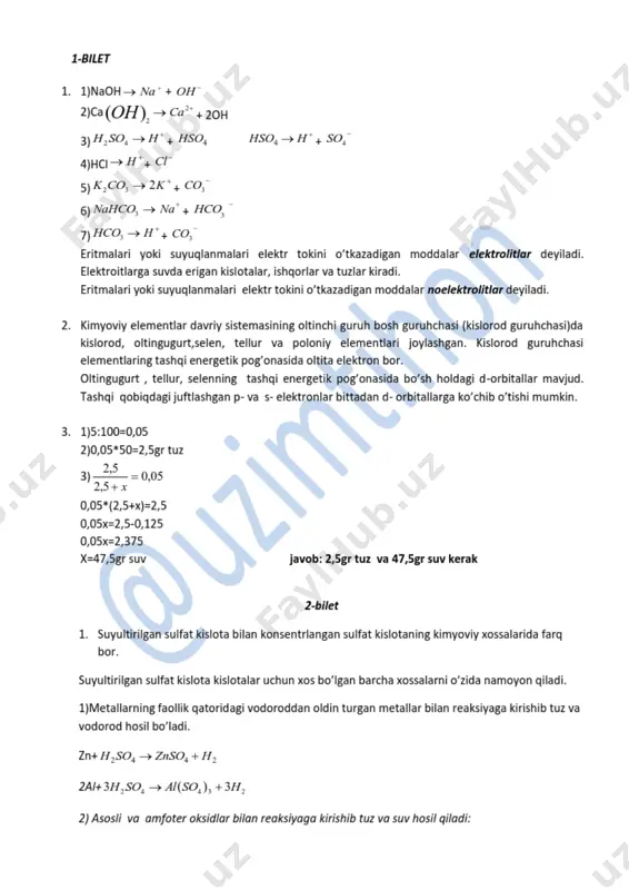 co . karbonat kislata faqat ishqoriy va ishqoriy yer metallari oksidlari va gidroksidlari bilan tasirlashadi. uning o’rta tuzlari karbonatlar : k2co3 kaliy karbanat, caco3– kalsiy korbanat, gidrokorbanatlar : khco3 – kaliy gidrokarbanat, ca(hco3)2 – kalsiy gidrokarbanat. kislota mo’l bo’lganda nordon tuz hosil bo’ladi. h2co3 + naoh → nahco3 + h2o. ishqoriy metallar va ammoniy karbonatlar, barcha gidrokorbanatlar suvda erib gidrolizga uchriydi: boshqa karbonatlar suvda erimaydi. kuchli kislatalar karbanatlar, gidrokarbonatlarga tasir etganda karbonat angidrid ajralib chiqadi: na2co3 + 2hcl + → 2nacl + co2↑ + h2o ca(hco3)2 + 2hcl → cacl2 + 2co2↑ + 2h2o. 3. xlorid kislota eritmasiga rux ta’sir ettirib vodorod olish reaksiyasi:  222 hznclznhcl 3-bilet 1. nitrat kislota bir negizli kuchli kislotadir. suyultirilgan eritmalarda to’liq dissotsiatsiyalangan bo’ladi :   33 nohhno nitrat kislota beqaror. yorug’lik va issiqlik ta’sirida parchalanib turadi. ohonohno 2223 2 1 mol nitrat kislota bilan 3 mol xlorid kislota aralashmasi «zar suvi» deyiladi. …