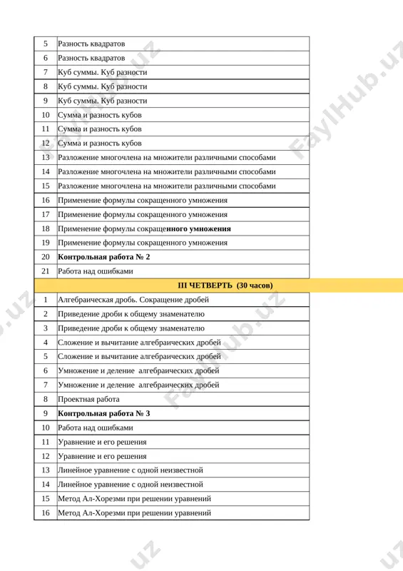 ey №12-14 2 privedenie drobi k obshemu znamenatelyu №7 3 privedenie drobi k obshemu znamenatelyu №10 4 slojenie i vichitanie algebraicheskix drobey №6 5 slojenie i vichitanie algebraicheskix drobey №10 6 umnojenie i delenie algebraicheskix drobey №4 7 umnojenie i delenie algebraicheskix drobey №8 8 proektnaya rabota №3 9 kontrolnaya rabota № 3 povtorenie 10 rabota nad oshibkami test 11 uravnenie i ego resheniya №11 12 uravnenie i ego resheniya №15 13 lineynoe uravnenie s odnoy neizvestnoy №5 14 lineynoe uravnenie s odnoy neizvestnoy №14 15 metod al-xorezmi pri reshenii uravneniy №8 16 metod al-xorezmi pri reshenii uravneniy №18 17 reshenie zadach s pomoshyu uravneniy №18 18 reshenie zadach s pomoshyu uravneniy №27 19 kontrolnaya rabota № 4 povtorenie 20 rabota nad oshibkami test 21 dekartova sistema koordinat №12 22 dekartova sistema koordinat №20 23 ponyatie o funktsii №7 24 ponyatie o funktsii №11 25 lineynaya funktsiya №11 26 lineynaya …