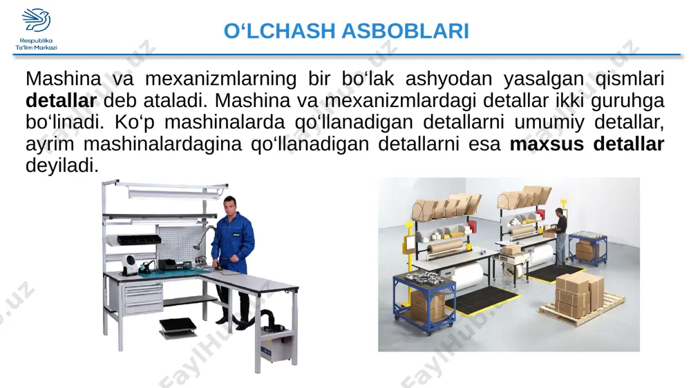 ayanchning qismidir. ishlash prinsipiga ko‘ra sirpanish podshipniklari va dumalash podshipniklari bo‘ladi. konstruksiyalash elementlari 7 tishli g‘ildirak - tishli mexanizmning bo‘g‘inidir. u tishlarning yopiq sistemasiga ega bo‘ladi va detaldagi boshqa bo‘g‘inining (g‘ildirakning, repkaning va hokazolarning) uzluksiz harakatlanishini ta’minlaydi. shakliga ko‘ra, silindrsimon va konussimon tishli g‘ildiraklarga bo‘linadi. konstruksiyalash elementlari 8 mashinalarni tashkil qiluvchi detallar har xil usullarda biriktiriladi. ayrim detallar qo‘zg‘almas qilib biriktirilsa, ayrim detallarni bir-biridan ajratish va qaytadan birlashtirish mumkin. yana ayrim detallarni bir-biriga nisbatan suriladigan qilib biriktiriladi. detallarni biriktirish 9 ajralmaydigan birikmalar hosil qilishda kavsharlash, bir detalni ikkinchisining ustiga presslash, parchinlash va ko‘proq gaz yoki elektr payvandlash usullari qo‘llanadi. odatda, ajraladigan birikmalar gaykali boltlar, shpilka yoki vintlar yordamida amalga oshiriladi. detallarni biriktirish boltli birikma vintli birikma shpilka birikma 10 topshiriqlar 1. umumiy detallar deganda nimani tushunasiz? 2. ajralmaydigan birikmalarni hosil qilish usullarini aytib bering. 11 keyingi darsda ko‘rishguncha… 12 image11.png image12.png image13.png image14.jpeg image15.png image16.jpeg image17.jpeg image18.jpeg image19.jpeg image20.jpeg image21.png …