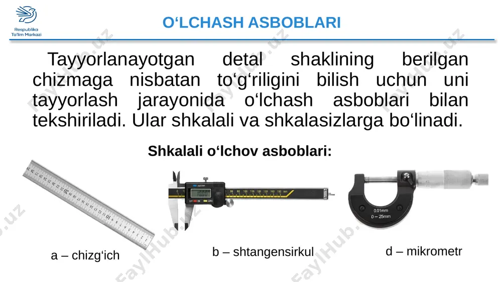 attiq yuzaga qo‘yilib, taxtacha zagotovka ustida u yoq-bu yoqqa yuritiladi. 8 rejalash asboblari sirkul aylanalar chizish uchun ishlatiladi. rejalashda sirkulni harakat-lanayotgan tomoniga biroz og‘diriladi, og‘irlik esa aylana markazida turgan oyog‘iga tushadi. 9 amaliy mashg‘ulot metallga ishlov beruvchi asboblarning ishchi qismlarini sozlash va ta’mirlash. metallni qirqish. metallni bo‘laklarga bo‘lish uchun arralash polotnosi, qaychi va boshqa kesuvchi asboblardan foydalaniladi. 10 amaliy mashg‘ulot metallni qirqish uchun asbob. qalin bo‘lgan listli, polosali kesimi doira shaklida bo‘lgan, profilli metallarni qirqish uchun qo‘l temir arrasi ishlatiladi. u paz, shlis, aylana bo‘ylab belgi qilish uchun ham ishlatiladi. metall listni qirqish 11 amaliy mashg‘ulot metallni qirqish usullari. qirqish paytida shunga ahamiyat berish kerakki, chizilgan chiziq o‘chib ketmasin. ishlagan paytda temir arrani gorizontal holatda ushlash lozim. uni keskin tortmay, asta sekin harakat-lantirish va oldinga qarab surilganda sekin egish kerak. polotnoning qalinligi 12 topshiriqlar o‘lchash va rejalash asboblariga misollar keltiring. chizg‘ich va burchaklik yordamida rejalash usullarini tushuntiring va ko‘rsating. listli …