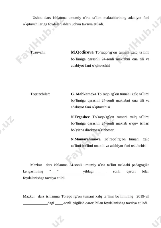 quvchilarning bo`sh vaqtlarini mazmunli o`tkazish maqsadida ,,yosh adabiyotshunos ‘to`garagi tashkil etgan.o`quvchilari oliygohlarni tamomlab, jamiyatimizning turli jabhalarida faoliyat olib bormoqdalar. hozirda ii toifali ona tili va adabiyot o`qituvchisi bo`lib ishlamoqda. o`zbekiston mustaqilligi sharofati bilan ta`lim-tarbiya tizimida tub o`zgarishlar vujudga keldi. “ta`lim to`g`risida”gi yangi qonun va “kadrlar tayyorlash milliy dasturi”ning qabul qilinishi milliy ma`naviyatni yuksaklashtirish, ayniqsa sharqona odob-axloq an`analariga e`tiborni kuchaytirish shular jumlasidandir. bu, o`z navbatida, o`qituvchilar, jumladan adabiyot fani o`qituvchilari zimmasiga doimo izlanish, yangi, ilg`or pedagogik texnologiya asosida darslarni tashkil etish, milliy an`ana va qadriyatlarimizni o`quvchilar ongiga chuqurroq singdirish kabi jiddiy mas`uliyatni yuklaydi. men ham adabiyot o`qituvchisi bo`lganim uchun anashu mas`uliyatni chuqur anglagan holda har bir darsni mazmunli va natijali o`tkazishga harakat qilaman. o`zimcha she’rlar yozib, o`quvchilar nutqini, xotiralash qobiliyatlarini o`stirishga, tezkor savollar orqali interfaol usullardan foydalanib, ularning aqliy faoliyatini charxlashga harakat qilaman. quyida o`z ijodim mevasi bo`lgan bir soatlik ochiq darsimni e`tiboringizga havola qilaman. marhamat mavzu : xudoyberdi to`xtaboyevning “sariq …