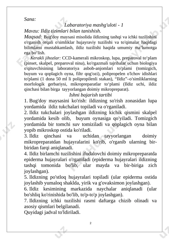 hi rasmi daftarga chizib olinadi va asosiy qismlari belgilanadi. quyidagi jadval to'ldiriladi. ildizning tuzilishi ildizning tashqi qismi ildizning ichki qismi 1 2 3 4 5 1 2 3 4 5 nazorat uchun savollar 1.ildizning tashqi hujayralari qanday joylashgan? 2.ildiz ichki qismidagi hujayralar qanday tuzilgan? 3.tukchalar qanday tuzilgan va ularning vazifasi nimalardan iborat? 4.tomir hujayralari qanday hosil bo‘ladi? 5.ildiz qanday vazifalarni bajaradi? 1._______________________________________________________________________________________________________________________________________ 2._________________________________________________________________________________________________________________________________________ 3._________________________________________________________________________________________________________________________________________ 4._________________________________________________________________________________________________________________________________________ 5.___________________________________________________________________________________________ xulosa: ________________________________________________________________________________________________________________________________________________________________________________________ ________________________________________________________________________________________________________________________________________________________________________________________ labaratoriya ishi bahosi: [bookmark: bookmark0] sana: __________ nazorat ishi-l l.o’zbekistonda tabiiy holda o’sadigan yuksak o’simliklarning qancha turi bor. a.3500 b.4000 c.4500. d.8000 2.dorivor o'simlikni belgilang. a.zubturum.b.rovoch. c.xolmon. d.ituzum. 3.ikki yillik o’t keltirilgan qatorni belgilang. a.sigirquyruq. b.jag’-jag’ c.shuvoq. d.beda. 4.hasharotxo’r o'simlikni belgilang. a.rafleziya. b.nepentes. c.safsan. d.rayhon. 5.hujayra kim tomonidan kashf etilgan. a.r. guk. b.r broun. c.stelutti. d.levengu