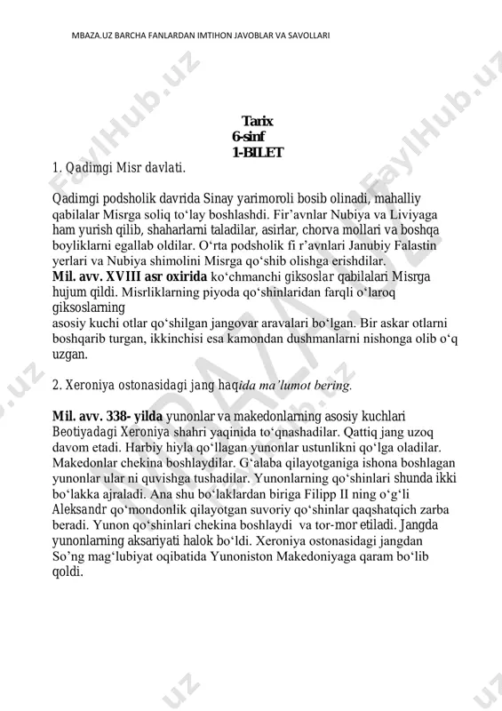 osiy mashg‘uloti dehqonchilik va savdo-sotiq edi. ossuriyaliklar jangari xalq bo‘lgan. ular qo‘shni yerlarga tez-tez hujum qilib turardilar. ossuriyaliklarning qudratli lashkari har yili yangi yerlarni zabt etishga erishganlar. bo‘ysundirilgan xalqlar ossuriya hukmdoriga katta miqdorda o‘lpon to‘lagan. shaharni bosib olgan ossuriyaliklar qal’a devorlarini, uylar va ibodatxonalarni buzib tashlab, aholini asirlikka haydab ketganlar. yurishlarda raqiblardan tortib olingan hamma narsa poytaxtga oqib kelar edi. ulug‘vor saroylar va ibodatxonalar boylikka to‘lib ketgan. oshshurbanapal hukmronligi davrida nineviyada old osiyodagi eng yirik sopol tax tachalardan iborat kutubxona jamlangan edi. asta-sekin ossuriya davlati zaifl ashib bordi. mil. avv. 605-yilda ossuriya qo‘shinlari bobil va midiya tomonidan qirib tashlangandan keyin davlat zavolga yuz tutdi. 2. fermopil jangi haqida ma’lumot bering. yangi urushga tayyorgarlik ketayotgan paytda doro i vafot etdi. yunonistonga qarshi uning o‘g‘li kserks yurish boshladi. mil. avv. 480 - yilda kserks qo‘shini shimoliy yunonistonni ishg‘ol giladi. tog‘lardagi fermopil darasi yunoniston shimolidan janubiga olib boradigan birdan-bir yo‘l edi. yunonlar o‘sha …