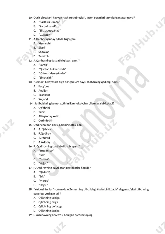 paxtakorlar haqida? a. “qadrim” b. “erk” c. “meros” d. “hajot” 18. “yulduzli tunlar” romanida a.temurning qilichidagi kuch- birlikdadir” degan so’zlari qilichning qayeriga yozilgan edi? a. qilishning uchiga b. qilichning oziga c. qilichning po’latiga d. qilishning sopiga 19. i. yusupovning librettosi berilgan qatorni toping a. “qirq qiz”, “aktissaning iqboli” b. “qirq qiz”, “ajiniyaz” c. “ajiniyaz” d. “umirbek laqqi” 20. “har kimning tug’ilgan yeri-misr hahri “ ushbu epigraf kimning she’rida uchraydi? a. t. murod b. i.yusupov c. a.oripov d. zulfiya