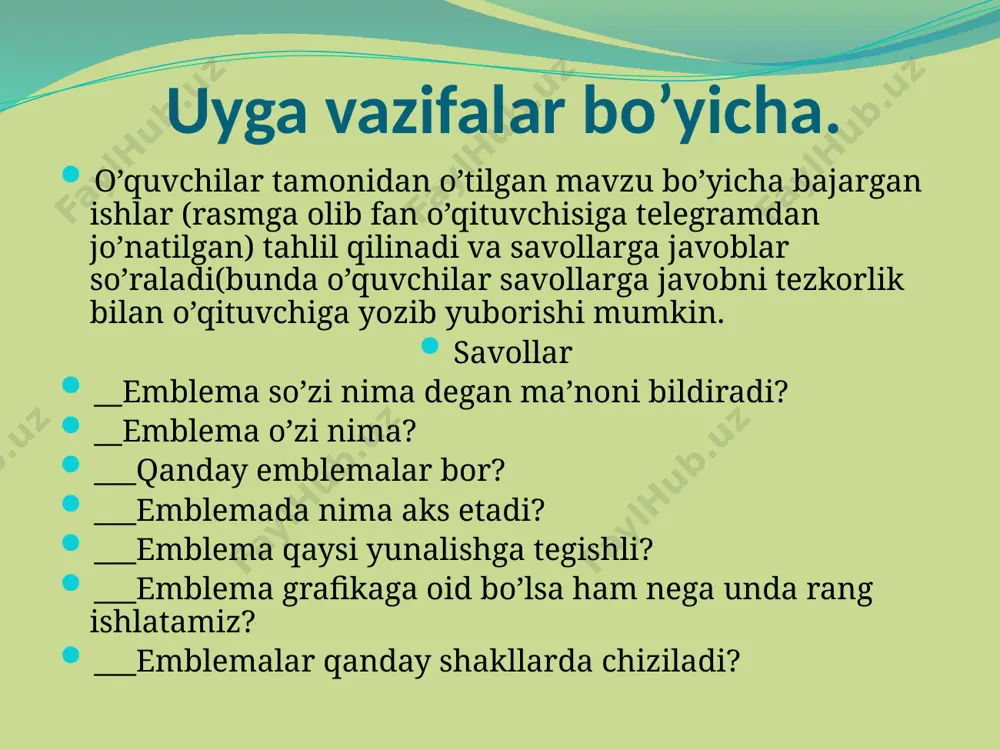 chirib tashlanadi va ko’rgazmalar ham olib qo’yiladi. chunki bolalar undan ko’chirib olishi mumkin. unda mustaqil fikrga yo’naltirilgan dars to’g’ri bo’lmaydi. amaliy ish. natyurmort chizish o’z tasavvuri asosida yoki kitobdagilarga qarab topshiriqlar o’quvchilar xotiradan (iloji boricha o’z tasavvuri asosida) yoki kitobdagi tasvirlardan, turli notyurmortlardan ko’chirma ishlashlari mumkin. albatta mavzuga oid ma’lumotlarni qisqacha daftarga yozish (savollarga javoblarni ham daftarga yozib qo’yish lozim) va kelgusi darsda savollarga javob berish uchun mavzuni o’qishlari kerak hamda bajargan ishlarni rasmga olib fan o’qituvchisiga telegramdan yuborishi mumkin. natyurmortni chizib bo’lgach iloji boricha uni akvarel yoki guashda buyash lozim. uyga vazifa rasmlarni yakunlash va savollarga tayyorlanish. fan oylik daoirasida belgilangan onlayn tadbir va tanlovlarga oid rasmlar chizish. uyga vazifaga namuna. (buyang yoki o’zingiz boshqa natyurmort chizing) image2.png image3.jpeg image4.jpeg image5.png