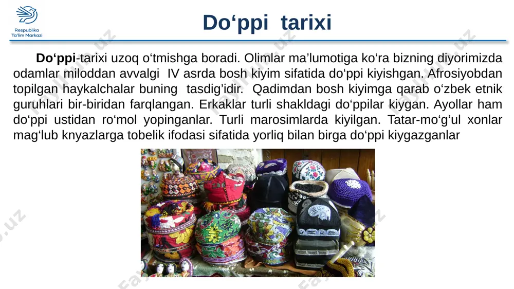 cha joyi kesib tashlanadi. keyin patning yo‘nalish boֲ‘ylab toshlar yopishtirilib chiqiladi. tikib olingan do‘ppini tanlangan naqsh elementlari, biser, piston, pat va turli toshlar yordamida bezatib tugatish, ishni yakunlash mustahkamlash keyingi darsda uchrashguncha image11.png image12.png image13.png image14.jpeg image15.png image16.png image17.jpeg image18.jpeg image19.jpeg image20.png image21.png image22.png image23.jpeg image24.png image25.png image26.png image27.png image28.png image29.png image30.png image31.png image32.png image33.png image34.jpeg image35.jpeg image36.png image37.jpeg image38.png image39.png image40.jpeg