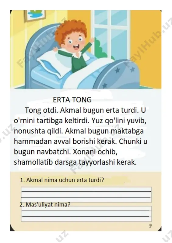 sang o‘zing she'rining muallifi kim? a) tursunboy adashboyev b) kavsar turdiyeva s) g‘ulom shomurod 3. chorlamoq so‘zining ma'noni bildiradi? a) chaqirmoq b) gapirmoq s) o‘ylamoq 4. maqolni davom ettiring: baliq suv bilan tirik…… a) suvsiz o‘lib qoladi b) odam el bilan s) odam ham 5. ushbu parcha qaysi she'rdan olingan? o‘zbekiston - ozod diyor, ko‘rkam, buyuk vatandir tuprog‘i zo‘r, xo‘p hosildor, bag‘ri bog‘-u chamandir. a) ozod vatan mehri b) vatan madhi s) o‘qishni bilsang o‘zing 6. “ozod vatan madhi” she'ri muallifi kim? a) kavsar turdiyeva b) g‘ulom shomurod s) habib rahmat 7. ikkinchi bo‘lim qanday nomlanadi? a) kumush qish b) izza- bir qoshiq jizza s) qoilman qish ishiga, zavqberadi kishiga 8. “qishning ishi” she'rining muallifi kim? a) nurbek turmuhamedov b) kavsar turdiyeva s) g‘ulom shomurod 9. topishmoqning javobini toping. osmondan par tushadi, par emas zar tushadi. a) qor b) muz s) yomg‘ir 10. ushbu parcha qaysi she'rdan olingan? sen tufayli …