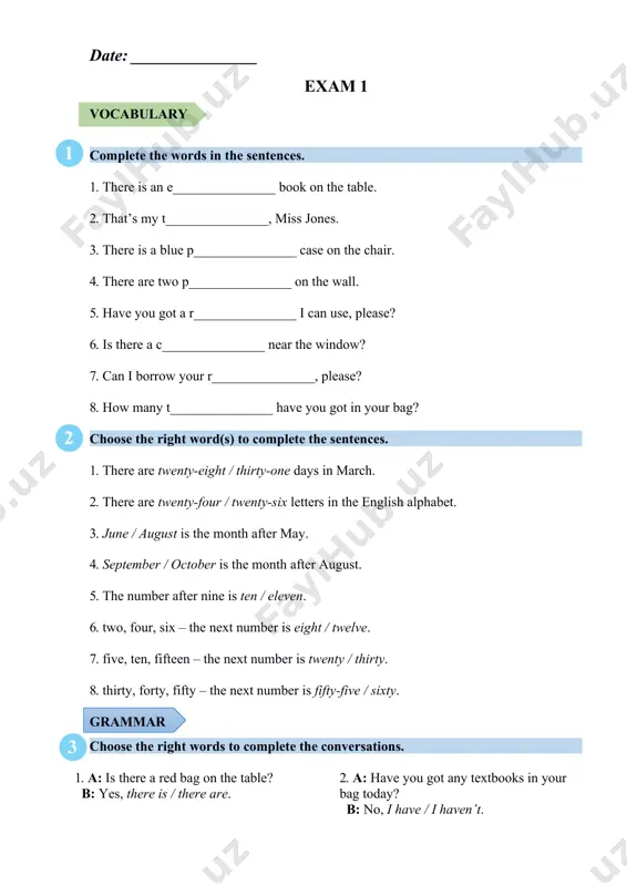 nd choose the letter of the alphabet with a different sound. 1. a / b / h / j 2. b / e / g / f 3. m / n / x / i 4. f / y / l / s 5. u / q / o / w 6. g / t / z / v 7. r / c / d / e 8. k / x / s / n number of correct answers: _________ mark: _______6 4 5 date: _______________ exam 2 vocabulary complete the words in the sentences. 1. i play r __ __ __ y every weekend. 2. i never play h __ __ __ __ y at school. 3. i love watching b __ __ __ b __ __ __. 4. you play v __ __ __ e __ __ __ __ __ in teams. 5. i never go __ k …