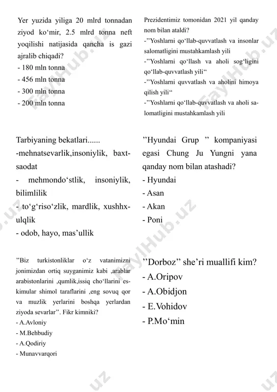 ,qumlik,issiq cho‘llarini es- kimular shimol taraflarini ,eng sovuq qor va muzlik yerlarini boshqa yerlardan ziyoda sevarlar’’. fikr kimniki? - a.avloniy - m.behbudiy - a.qodiriy - munavvarqori ’’dorboz’’ she’ri muallifi kim? - a.oripov - a.obidjon - e.vohidov - p.mo‘min buyuk faylasuf arastuning fikrini aniqlang. - ’’insonning yashashdan maqsadi - baxtiyorlikdir‘‘ - ’’baxtiyorlik-ichimizdadir‘‘ - ’’bilim insonga nafs ustidan g‘olib kelishiga yordam beradi’’ - barchasi to‘g‘ri xitoylik donishmand konfutsiyning oldiga bir ki- shi kelib :’’menga butun umrga qo‘llanma bo‘luvchi birgina maslahat bering ‘‘,-- dedi.donishmand unga qanday maslahat berdi? - ’’butun umr faqat yaxshilik qil‘‘ - ’’o‘zingga ravo ko‘rmaganni boshqaga ham ravo ko‘rma‘‘ - ’’hamisha bilim oliishga intil‘‘ - ’’o‘zgalar tashvishini hamisha o‘zingniki deb bil‘‘ atmosferani zaharlaydigan modda- larning ....transportdan,....tirli yoqilg‘ilardan,.....ishlab chiqarish ja- rayoni va ....boshqa manbalardan chiqadi. - 50%,15%,20%,25% - 40%,15%,40%,5% - 40%,20%,15%.25% - 20%,15%,40%,25% bundan 2300 yil avval yashagan faylasuf ......o‘z hayoti davomida ’’insonning yashashdan maqsadi - baxtiyorlik’’ degan xulosaga kelgan. ] …