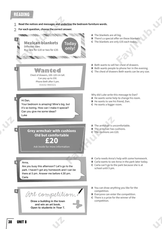 mall. 2 our house is small i share a room with my sister. 3 i like animals i have some magazines about dogs, cats and wild animals. 4 i like computer games they are fun. 4 think about your favourite thing. answer the questions in exercise 1 for you. make notes below. � � � � 5 write about your favourite thing. use the notes you made in exercise 4 and write about 50 words. remember to use because and so in your text. � � � � � � � � � � � 1 listen to the interview with a teenage blogger about her favourite place at home. is kj’s favourite room big or small? 2 listen again and choose the correct answers. 1 people read kj neal’s blog. a in wales b all over the world 2 kj is years old. a 14 b 13 3 her …