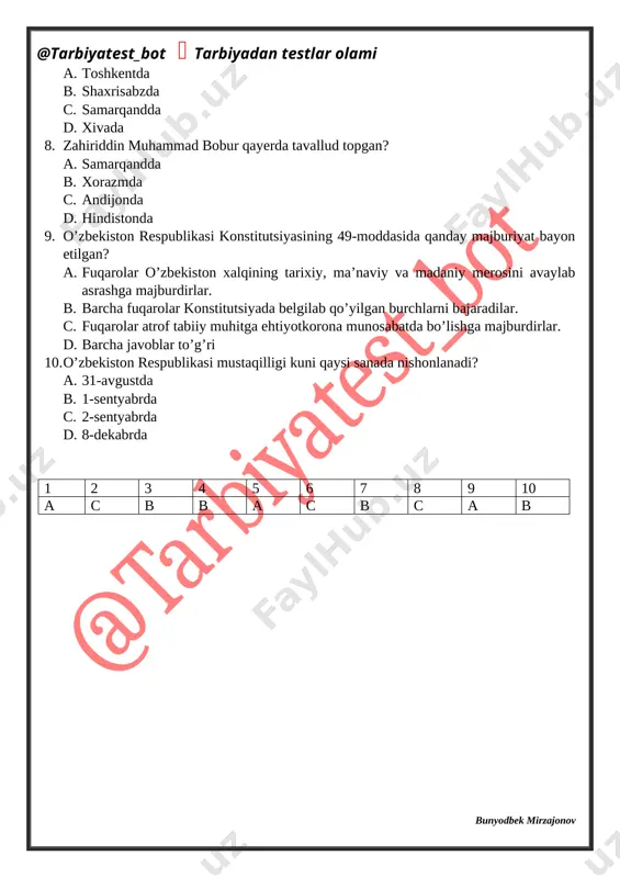 tiyotkorona munosabatda bo’lishga majburdirlar. d. barcha javoblar to’g’ri 10. o’zbekiston respublikasi mustaqilligi kuni qaysi sanada nishonlanadi? a. 31-avgustda b. 1-sentyabrda c. 2-sentyabrda d. 8-dekabrda 1 2 3 4 5 6 7 8 9 10 a c b b a c b c a b 2-mavzu. oliy maqsadlar bilan yashash. 1. insonning o’z oldiga qo’yib, unga erishish uchun kurashadigan aniq yo’liga nima deyiladi? a. orzu b. hayol c. maqsad d. tilak 2. donishmandlarning fikricha, insoniyatning maqsadi – bu ……. a. boylik to’plash b. tinimsiz mehnat qilish c. odamlarni insoniylikka o’rgatish d. barcha javoblar to’g’ri 3. sharqona hikmatlarda nimalar insonning eng oliy maqsadi bo’lishi kerakligi ta’kidlangan? a. ilm olish, daraxt ekish b. oilasi va boshqalarga yaxshilik qilish c. ezgulik ulashish d. barcha javoblar to’g’ri 4. o’z maqsadini amalga oshirishda insonda qanday fe’l-atvor shakllanishi lozim? a. tinimsiz harakat b. o’z ustida ishlash, ilm olishdan to’xtamaslik c. boshqalardan tinimsiz yordam so’rash d. a va …