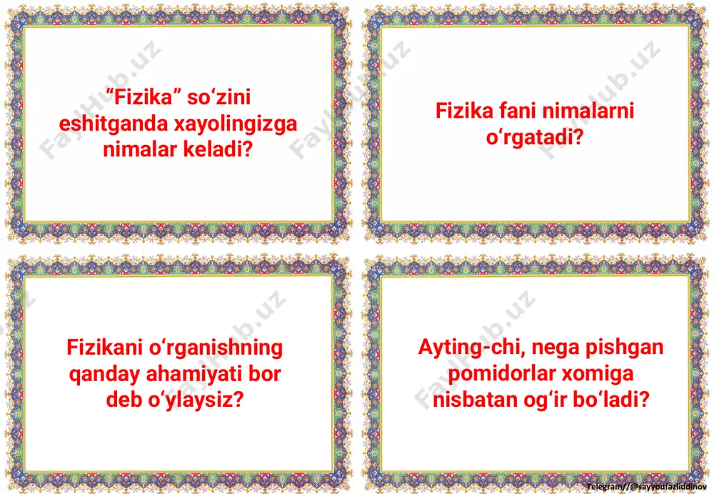 bor berish kerak? peyrofobiya yoki atixifobiya kasalliklari haqida nimalarni bilib oldingiz? hasanning ustozi – dildora opaning harakatlarini tushuntirishga harakat qiling. uning maqsadi nima edi? telegram//@sayyodfazliddinov hasanning doskadagi holati tasviri berilgan jumlalarni qayta o‘qing. hikoya muallifi bu tasvir orqali nima demoqchi? hikoya qahramoni hasan qanday bola? uning bunday fe’l-atvori yaxshimi yoki yomon? javobingizni izohlang nutqni ravon qilish uchun yana qanday mashqlar zarur deb o‘ylaysiz? ayting-chi, ulardagi -i egalik qo‘shimchasi qarashlilikni bildiryaptimi? telegram//@sayyodfazliddinov ko‘p kitob o‘qish og‘zaki nutqimizning ravon bo‘lishiga yordam beradimi? javobingizni izohlang. ayting-chi, hissiyotdan, o‘ydan, fikrdan mahrum millat qanday bo‘ladi? millat uchun buning oqibati qanday? madaniy bahs yuriting. qahhor adabiyot atomdan kuchli ekanini taʼkidlagan. adabiyot kuchini o‘tin yorishga sarflash deganda nimani tushunasiz? “yozuvchi sayoz joyda cho‘kadi” – asqad muxtor bu bilan nima demoqchi? 7-sinf ona tili fanidan darslik asosidagi mavzulashgan 3-4-chorak tarqatmalari 2023-2024-o’quv yili uchun yangi nashr kitobidan ajoyib dizaynda tayyorlangan tarqatma umumiy 120-ta tarqatmadan iborat yani 3-4-chorak mavzulariga bor …