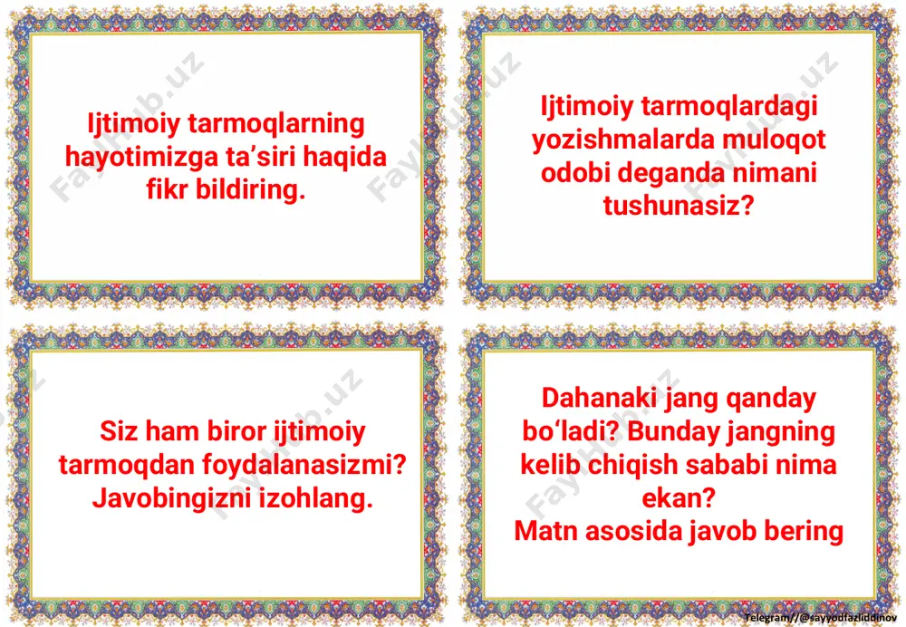 yoki oddiy odam? sizning yon-atrofingizda ham zamonamiz qahramonlari bormi? nega ularni qahramon deb bilasiz? zamonamiz qahramonining eng muhim sifatlarini nimalarda ko‘rasiz? “qirilib ketmoq”, “qirib tashlamoq” birikmalari nimani anglatadi? ularning qanday farqi bor? telegram//@sayyodfazliddinov hayvonlarni qirish qanday oqibatlarga olib kelishi mumkin? sizningcha, foyda keltirmaydigan hayvonlar bormi? ularni qirib tashlasa bo‘ladimi? chumchuqlarga qarshi kurashishdan maqsad nima edi? chumchuq va kalamushlarni o‘ldirish qaysi dasturga kiritilgan edi? telegram//@sayyodfazliddinov chumchuqlarni o‘ldirishni dastlab kimlar boshlab berdi? chumchuqlarga qarshi qanday usul o‘ylab topilgan edi? tabiatdagi muvozanat buzilishi nimalarda ko‘ringan? nima deb o‘ylaysiz, xitoy hukumati o‘z xatosini to‘g‘rilashga harakat qildimi? hukumat qanday yo‘l tutgan bo‘lishi mumkin? telegram//@sayyodfazliddinov “almashish”, “almashtirish” so‘zlari qanday ma’no anglatadi? jamlamoq, to‘pdan ajratmoq so‘zlari qanday ma’no anglatadi? yo‘lbarslar haqida nimalarni bilasiz? sizda yo‘lbarsni o‘ldirish yoki o‘ldirmaslik tanlovi bo‘lsa, qay birini tanlaysiz? nega? 7-sinf ona tili fanidan darslik asosidagi mavzulashgan 1-2-chorak tarqatmalari 2023-2024-o’quv yili uchun yangi nashr kitobidan ajoyib dizaynda tayyorlangan tarqatma umumiy 116-ta tarqatmadan iborat …
