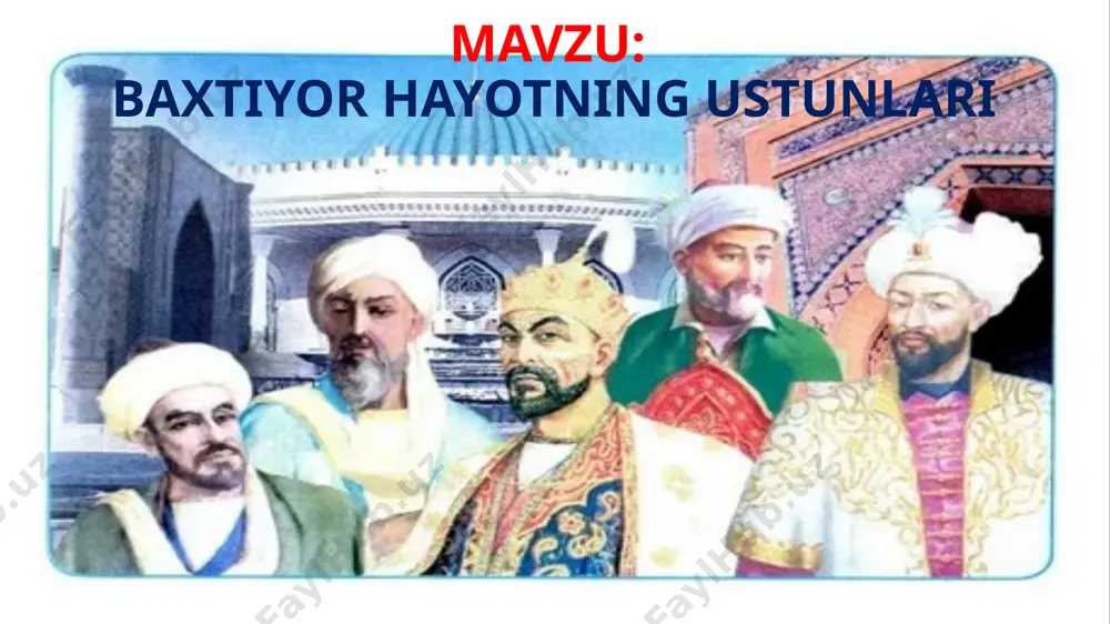 aqat qalbi ezgulikka to‘la insonlarga o‘rgatish lozim». abu homid g‘azzoliy buvimning tug‘ilgan kunini nishonlash uchun oilaviy yig‘ildik. ayollar oshxonada somsa, turli pishiriqlar bilan ovora bo‘lishsa, erkaklar hovlining bir chetiga qo‘ra qurib, kabob pishirish bilan band bo‘ldilar. mana hamma narsa tayyor. lekin shu payt buvim onamga: «qo‘shni kelin og‘iroyoq, darrov kabob va somsadan chiqarib yuboringlar, dimog‘iga tutuni kirgandir», – deb tayinladilar. 1. mazkur hikoyada qanday qadriyatlar mavjud? 2. bu qadriyatlarni kim o‘ylab topgan? 3. sizning ham mahallangizda shunday odatlar bormi? uyga vazifa: “qadriyatlarning jamiyat rivojidagi ahamiyati” mavzusida hikoya yozish. image1.jpg image2.png image3.jpg image4.png image5.jpg image6.jpg image7.jpg image8.jpg image9.jpg image10.jpg image11.jpg image12.jpg image13.jpg image14.jpg
