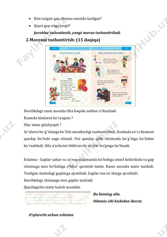 h mumkin. bu bizning oila. oilamiz olti kishidan iborat. o‘qituvchi uchun eslatma gap so`zlardan tuziladi. so`zlar bo`g`inlarga bo`linadi. so`zdagi unli tovushlar soniga qarab bo`g`inlar sonini aniqlash mumkin. tinglab tushunish ; (5 daqiqa) z. hasanovaning “ oilam” she’ri o‘qib beriladi. she’r nima haqida ekanligi haqida suhbatlashiladi. eslatma: she’rni o‘qishni biladigan o‘quvchilarga ham o‘qitish mumkin. darslik bilan ishlash: (7 daqiqa) darslikda berilgan alifbe qahramonlari bilan o‘quvchilarni tanishtiriladi. akmal-atrofimizdagi olamni o‘rganishga qiziqadi. aziza- matematika va sportni yaxshi ko‘radi. madina- akmal bilan egizak. u juda qiziquvchan va quvnoq. jasur-musiqa cholg‘u asboslarini chalishni biladi. har bir bolaning ismi bo‘g‘inga ajratiladi. daftar bilan ishlsh: (8 daqiqa) 1. oila a’zolaringizni hissiyotlar bilan ifodalab chizing. 2. ”mening oilam” mavzusida rasm chizing. darsga yakun yasash: darsda sizga nimalar yoqdi? -darsdan nimalarni eslab qoldingiz? -bolajonlar siz qanday rasmlarni bo`yadingiz? 4-mavzu: men va atrofimizdagi olam. unli va undosh tovush haqida tushuncha. dars maqsadi: - tovush haqida ma’lumot oladilar; -unli va undosh …