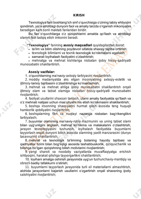 otivlarini rivojlantirish; 9. yangi sharoit va noodatiy vaziyatlarda muvaffaqiyatga erishish ishtiyoqini, harakat qilishga tayyorgarlikni shakllantirish; 10. loyihani amalga oshirish jarayonida uyg‘un tushunchaviy-mantiqiy va obrazli-badiiy tafakkurni o‘stirish; 11. buyumlarni tayyorlash jarayonida turli xil materiallarni almashtirish, alohida jarayonlarni bajarish usullarini o‘zgartirish orqali shaxsning ijodiy salohiyatini rivojlantirish; 12. texnologik xarita bilan ishlashni o‘rgatish va har qanday buyumni tayyorlash texnologiyasini qat’iy bajarish asosida dastlabki konstruktorlik- texnologik bilim va ko‘nikmalarni shakllantirish; 13. ramziy-belgilar va fazoviy tafakkurni, ijodiy tasavvur va ijodiy fikrlashni rivojlantirish; 14. loyiha faoliyati madaniyatini o‘zlashtirish asosida ichki faoliyat rejasini shakllantirish, jumladan: maqsad qo‘yish, rejalashtirish (harakat rejasini tuzish va uni o‘quv vazifalarini yechishda qo‘llash qobiliyati), tahmin qilish (turli sharoitlarda harakatni bajarish natijasini oldindan aytish), nazorat qilish, tuzatish kiritish va baholashni o‘z ichiga olgan jarayonlarni amalga oshirish. o‘qitish metodikasi “texnologiya” fanini o‘qitish metodikasi zamonaviy ta’lim texnologiyalarini faol qo‘llashni ko‘zda tutadi, jumladan: 1) muammoli ta’lim (har bir dars boshida muammoli savol berish); 2) muammoni muhokama qilishda …