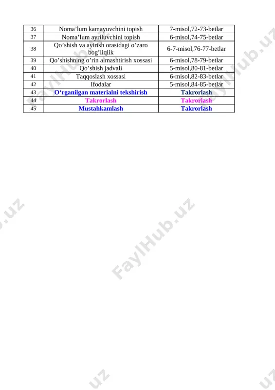 ar 43 oʻrganilgan materialni tekshirish takrorlash 44 takrorlash takrorlash 45 mustahkamlash takrorlash 1 2 3 4 5 6 7 a b t/r mavzu 1 narsalarning xossalari 2 o’xshashlik va farq 3 narsalarning joylashishi 4 narsalar sanog’i 5 yassi va hajmli shakllar 6 vaqt bo’yicha ketma-ketlik