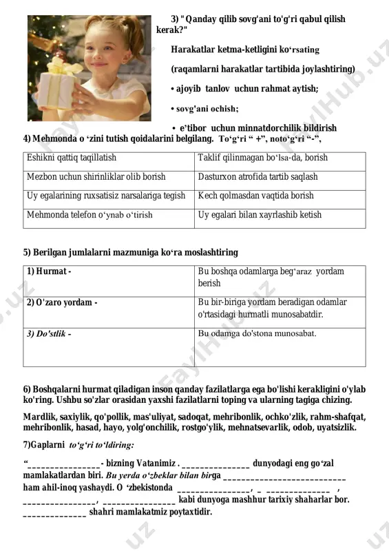 iy shaharlar bor. ______________ shahri mamlakatmiz poytaxtidir.