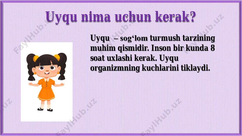in o'ynamang, urishmang va hayajonga soluvchi kitoblarni o'qimang. sog'lom uyqu qoidalari ovqatlanib bo‘lgach darrov yotib olmang sog'lom uyqu qoidalari chiroqni o‘chiring sog'lom uyqu qoidalari yotoqxonangiz havosini almashtiring, darcha ochiq bo‘lgani ma’qul sog'lom uyqu qoidalari joyingiz tekis bo‘lsin sog'lom uyqu qoidalari shifokor o‘t o‘chiruvchilar uchuvchi ichki ishlar xodimlari taksist novvoy bu kasb egalari kechqurun uxlamaydilar fil ayiq jirafa tovuq mushuklar tulkilar hayvonlarga ham uyqu kerak, shuning uchun ular ham tunda uxlaydilar. bolalar, ayrim hayvonlar kechalari uxlamaydilar. topishmoq ustini bosing va javobini toping tun bo'yi uchadi, sichqonlarni tutadi, va u yengil bo'ladi - uyqu chuqurga uchadi. u o'chadi, keyin yonadi kechasi to‘qayzorda chiroq yonadi. tasavvur qiling-a, uning ismi nima? xo'sh, albatta ... u kun bo'yi uxlashni xohlamaydi, ammo tun kelishi bilan, uning g ‘ijjak chalib kuylaydi. musiqachining ismi... kuchukday ko’rinishi, pichoqday o’tkir tishi. vahshiy hayvondir o’zi, yeydi qo’yu va qo’zi kun davomida teskari osilgan holda uxlaydi kechasi uchib ovqatni tez topadi.. tanasida …
