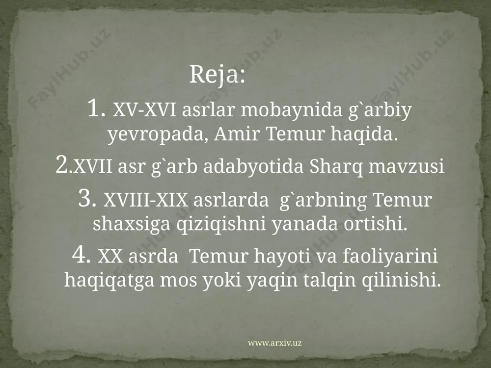 davri adabiyotida birinchi bor marlo amir temurni bunyodkor shaxs, qudratli sarkarda va odil hukmdor qiyofasida tasvirlaydi. www.arxiv.uz xvii asr g`arb adabiyotida yetakchilik qilgan klassisizm oqimi vakilari ijodida ham sharq mavzusi muhim o`rin tutadi. bular orasidan jak pradoning “temur yoxud boyazidning o`limi” asari keng shuhrat qozondi. bu asar keyinchalik yevropa opera sanatida amir temur obrazi yaratilishida muhim manba bo`ldi. www.arxiv.uz jak pradoning “temur yoxud boyazidning o`limi” asari asosida yaratilgan operalar: fridrix gendel (1685-1759), nikkolo porpora (1686-1762) antonio vival`di (1676-1741) maria sachchiniler (1734-1786) bu operalar orasida keng shuxrat qozongani mashhur nemis bastakori fridrix gendel asaridir. 1724-yil angliyaning london shaxrida, 1725-yili germaniyaning gamburg shahrida sahnaga qo`yiladi. oradan 200 yil o`tib fridrix gendelning “temur” operasi yevropa va amerika teatrlari sahnasini qayda bezadi. www.arxiv.uz xviii-xix asrlarda, ayniqsa fransiya, angliya, ispaniya va germaniyada amit temur shaxsiga qiziqish ortgan.masalan, fransuz ma`rifatchilik adabiyotining yirik namayondasi, faylasuf va adib fransua volter. u “muhammad alayhissalom” va “chingizxon” tragediyalarini yaratar ekan, …