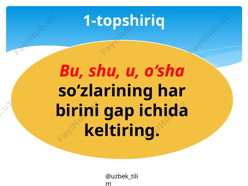 am bir qatrasi kamaymaydi. bu xazinaning kaliti qo‘l yetmas joyga ilingan emas. uning kaliti – mutolaa. bu kalit doimo sizning ixtiyoringizda. faqat kutubxonaga kirishga xohish bo‘lsa bas. (d. matkarimova) @uzbek_tilim savol va topshiriqlar savollar 1. ko‘rsatish olmoshlari qaysilar? 2. ko‘rsatish olmoshlari qanday so‘roqlarga javob bo‘ladi? 3. uzoqdagi va yaqindagi narsalarni ko‘rsatish uchun qaysi olmoshlardan foydalanamiz? @uzbek_tilim 49-mashq. uyga vazifa badiiy asarlardan ko‘rsatish olmoshlari qatnashgan o‘nta gap topib yozing. @uzbek_tilim foydalanilgan adabiyot: nizomiddin mahmudov, abduhamid nurmonov, abdulhay sobirov, dilora nabiyeva, abdurahim mirzaahmedov. ona tili. umumiy o‘rta ta’lim maktablarining 7-sinfi uchun darslik. toshkent «ma’naviyat» 2017 image4.jpeg image5.png