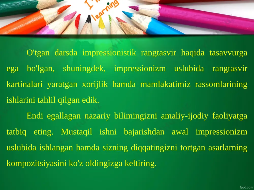 ing bolone shahrida yashab ijod qilgan. tasviriy son'at asoslarini o'rgatishning o'ziga xos maktabi-ni yaratgan. bu maktab aka-uka karrachilarning badiiy ta'lim maktabi deb ataladi. boloneda tasviriy san'at akademiyasini tashkil qilgan. uning nazariyalari akademik usulda tasviriy san'at asarlari yaratishda muhim rol o'ynagan. ular mahobatli rangtasvir, portret, manzara janrida ijod qilish bilan birga bolalarga tasviriy san'at asoslarini o'rgatish metodikasini yaratganlar. sxematik rasmning birinchi planida yorqin va aniq ranglardan foydalanish tavsiya etiladi. ikkinchi planda esa ularning yorqinligi biroz kamaytiriladi. uchinchi plandagi elementlar esa havo perspektivasi qonuniyatiga ko'ra sovuq ranglar, asosan, havorangning turli tuslaridan, shuningdek, havorangga yaqin bo'lgan nim yashil ranglardan foydalanish orqali manzaradagi uzoqlikni tasvirlash mumkin bo'ladi. kubizm uslubida natyurmort ishlash tasviriy san'atda keng tarqalgan uslublardan biri kubizm uslubidir. bunday uslubda ishlagan rassomlar tasvirlanayotgan buyumlarning atrofini aylanib ko'rayotgandek tasvirlashga harakat qilganlar. bu intilishni yanada bo'rttirib ko'rsatish uchun rassomlar tomoshabinga buyumning ko'rinmas tomonlarini ham tasvirlaganlar. kubizm uslubining asoschisi pol sezann tasviriy san'at asoslarini o'rganuvchilar uchun …