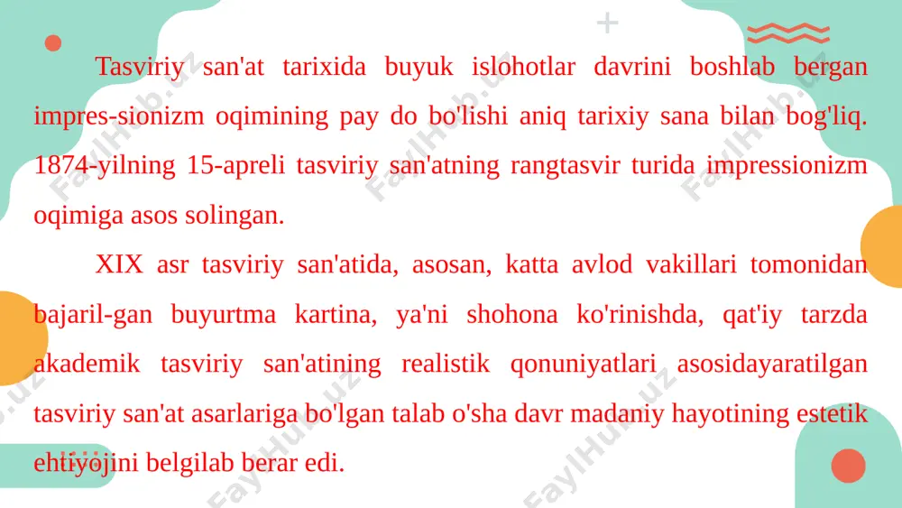 i surayotgan tendensiyalariga. sodiqlik bilan ijod qilishda davom etdilar. keyin o'z ittifoqlarini tuzib, 1874-yil 15-aprelda parijning kaputsinlar bulvaridagi 35-uyda joylashgan "gerbua" kafesida o'zlarining dastlabki ko'rgazmalarini tashkil etdilar. unda klod mone, ogyust renuar, edgar dega, pol sezann, alfred sisley kabi rassomlar o'z asarlari bi­lan ishtirok etganlar. namoyish etilgan ishlar orasida klod monening aslida nomsiz bo'lgan, biroq ko'rgazmaga osilayotganda renuarning ukasining taklifl bilan "quyosh chiqayotganidagi taassurot" deb nomlangan asari (3-rasm) ularni “taassurotchilar" (taassurot fransuzcha "impression") sifatida e'tirof etilishlariga sabab bo'lgan, 3-rasm. klod mone. quyosh chiqayotganidagi taassurot. aslida "figaro" gazetasining jurnalistlari ko'rgazma haqidagi hisobotlarida bu so'zni kinoya bilan ularga qo'yilgan laqab sifatida qo'llaganlar. omma esa ularni impressionistlar deb atay boshlaganlar. shu tariqa 1874-yilning 15-aprelidan e'tiboran tasviriy san'at tarixida impressionizm oqimiga asos solingan. bu oqim tez orada yevropa, amerika, osiyo mamlakatlariga sezilarli ta'sir o'tkazdi hamda san'atda yangi oqim va yo'nalishlarni yuzaga kelishiga zamin yaratdi. klod oskar mone (1840 - 1926). impressionizm oqimining asoschilaridan biri. …