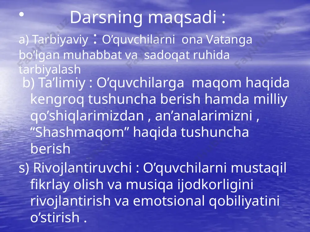 joy” , “uch parda” vi.iroq – ma’nosi shu nomli arab mamlakatiga nisbat berilgan . shashmaqom xviii asr o’rtalarida buxoroda saroy kasbiy musiqachilari va musiqashunos olimlari tomonidan olti maqomdan iborat turkum tarzida ifoda etilgan edi. bunda olti xil mukammal parda – tuzuklar uyushmasi bosh omil sifatida olinib , ularning muayyan doyra usullari bilan birligi asosida ijod etilgan cholg’u kuy va aytim yo’llari alohida- alohida turkumlarga birlashtirilgan . demak , shashmaqom eng avvalo oltita mukammal pardalar uyushmasini anglatar ekan . shashmaqomdagi har bir maqom ikki yirik bo’limdan – cholg’u va aytim yo’llaridan iborat bo’lib , ularni “ustoz -shogird” an’anaviy maktabida tahsil ko’rgan malakali kasbiy cholg’uchi va ashulachi – hofizlargina mukammal ijro eta oladilar . maqomlarni besh chiziqli nota tizimi asosida yozib olish ishlari xx asr davomida bir necha bor amalga oshirildi. xususan tanilqi kompozitor va etnograf v.a.uspenskiy xx asrning 20-yillarida buxoroda maqomchi ustozlar hofiz ota jalol nosir va tanburchi ota g’iyos abdug’anilar …