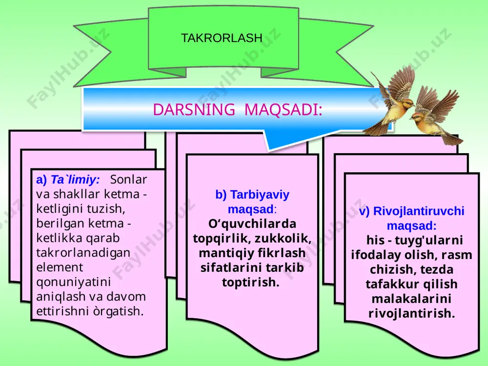z, so’nngi o’rin bo’lmaymiz. chiqing, maydon kutmasin, qimmatli vaqt o’tmasin”. “bizni chetga surmangiz, bellashishdan qo’rqmangiz. kamtar kamol derlar, haddingizdan oshmangiz” beruniy xorazmiy m.ulu`gbek guruhlar taqdimoti: - “ matematika faniga hissa qo’shgan olimlardan kimlarni bilasiz? o‘tgan mavzuni takrorlash: o‘quvchilar 3 ta guruhga bo'linadilar va "to'tinchisi ortiqcha" o'yini orqali o'tilgan mavzuni mustahkamlaydilar.javob bergan o'quvchilar rag‘batlantiriladi. va o'quvchilar bittadan matematik topishmoq aytadilar. yangi mavzu bayoni: yangi mavzuni mustahkamlash: maqollar: 1 kishi ariq qaziydi, 100 kishi suv ichadi. 1 kun tuz yegan joyingga, 40 kun salom ber. 1000 so’m aqchasi bor boydan , 1 ta aqlli o’g’li bor odam davlatmandroqdir. “mohir hisobchi” o‘yini. shoxda 10 ta qush bor edi, dilshod beshinchi qushni nishonga oldi. shoxda nechta qush qoldi? 16 16 pak-pakana bo’yi bor yetti qavat to’ni bor matematik topishmoqlar matematik topishmoqlar 6 tasi ba deydi, bittasi ma deydi matematik topishmoqlar ikki aka-uka yashaydi, bir-birini ko’rmaydi matematik topishmoqlar 2 yonida qo’li bor, suv yuzida yo’li …