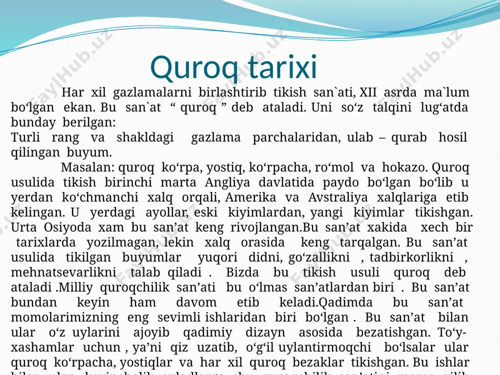 dx image1.emf aksessuarlar microsoft_powerpoint_slide2.sldx image1.emf tikuvchilibuyumlarida image5.png image6.jpeg image7.jpeg image8.jpeg image9.emf 1sm image10.jpeg image11.jpeg image12.jpeg image13.jpeg image14.jpeg image15.jpeg image16.emf amaliy mashg’ ulot : “y o’ l - y o’l usuldan foydalanib q uro q tikish”t e xnologiyasi asbob va moslamalar: flizi lin, tayyor shablon, nina, ip, q aychi, ikki xil rangdagi gazlama, angishvona, nina t o’g’ no g’ich, rangli q alam. ishni bajarish tartibi: gazlama uchun tayyorl angan shablonni gazlama ustiga qo’ yib bichib olamiz. flizilin uchun tayyorla ngan shablonni flizilin ustiga qo’ yib bichib olamiz. flizilinning e limli tomoniga bi rinchi rangdagi gazlamani joylashtirib , nina t o ’ g ’ nog ’ ich qadab qo ’ yiladi . ikkinchi rangdagi gazlamani t e skarisini birinchi rangdagi gazlama ust iga joylashtirib , 0,3 - 0,5 smli qaviqq ator bilan choklanadi . tikilgan gazlama o ’ ngiga a g ’ darilib , t e kislab olinadi , surilib k e …