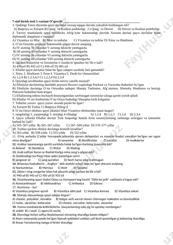 a boshchilik qilgani uchun b) yirik saltanat tuzgani uchun c) mamlakatda yangi qonunlar va maorif hamda madaniyatga asos solgani uchun d) barcha javoblar to’g’ri 15. franklar qirolligi qaysi voqeadan so`ng imperiya deb atala boshlangan edi? a) karl langobardlarni yenggach; b) ispan markasi tashkil etilgach; c) buyuk karl imperatorlik tojini kiygach; d) sakslar yurti to`liq egallangach; 16. muhammad ( s a v ) ning bobosining ismi nima edi? a) abdullox b) abdulmutallib c) abu tolib d) ali 17. qaysi qo’zg’olon tarixda “qizil ko’ylaklilar” nomini olgan? a) muqanna qo’zg’oloni b) bobek qo’zg’oloni c) iroqdagi qo’zg’olon d) abro’y qo’zg’oloni 18. hindistonda ilk o’rta asrlarda qaysi shahar hokimini ”dengiz xo’jayini” deb atashgan? a) kalikut b) bombey c) pataliputra d) dehli 19. tan sulolasiga kim asos solgan? a) lyu ban b) u di c) li yuan d) yuan chjan 20. xalifa xorun ar-rashid saroyidagi bayt ul-hikma ya’ni donishmandlik uyi qaysi davrda tashkil etilgan edi? a) …