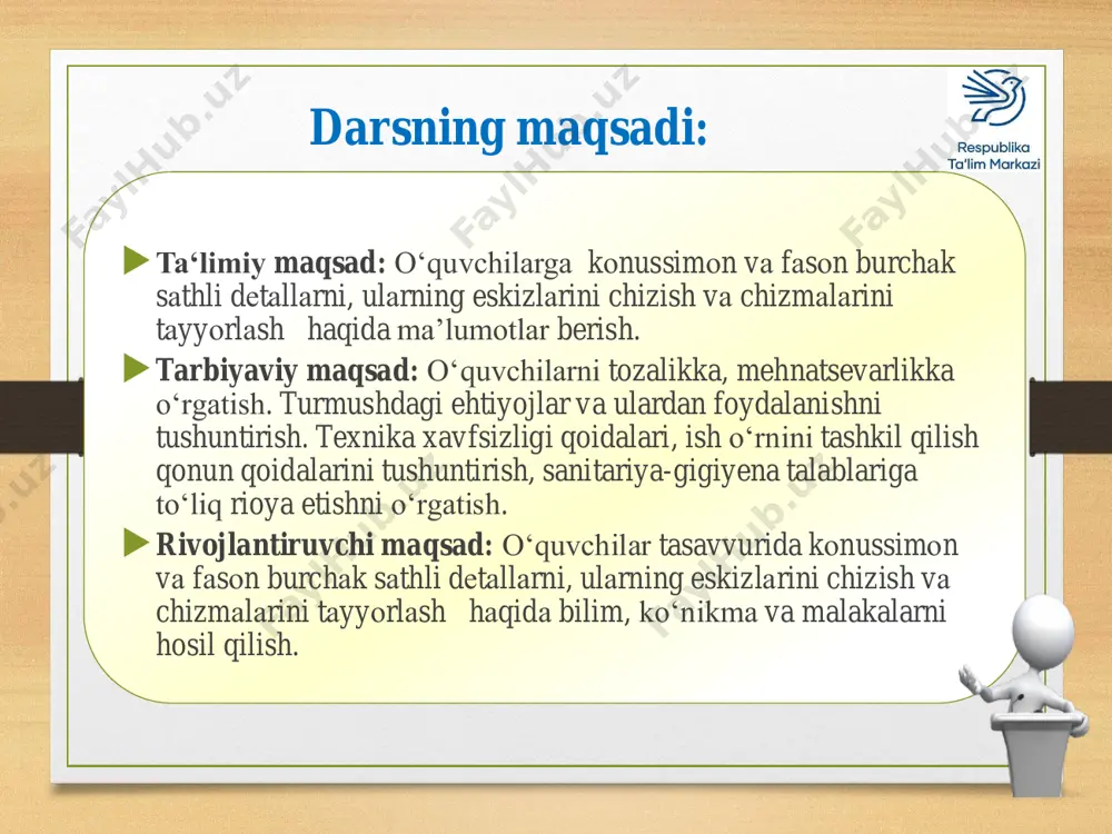3. hoshiya. •4. chakich. yangi mavzu bayoni: konussimon va fason burchak sathli detallarni, ularning eskizlarini chizish va chizmalarini tayyorlash: • dastalar. iskana, egov, bigiz, otvyorka kabi asboblarning dastalari qattiq, qayishqoq tut, qayin, qayrag‘och, gujum, akatsiya kabi yog‘ochlardan tayyorlanadi. dastalar yakka tartibda ryumka patronga o‘rnatilib yoki ko‘plab markazlar orasiga o‘rnatib tayyorlanadi. ryumka patron yordamida buyum tayyorlashda ortiqcha yog‘och isrof bo‘ladi. shuning uchun ko‘plab talab etilmaydigan buyumlar donalab ryumka patron yordamida, qolgan hollarda markazlar orasiga o‘rnatib tayyorlanadi. • dasta uchun tanlangan yog‘och (bu maqsadda dastabop shoxlardan foydalanish mumkin) markazlar orasiga o‘rnatilish diametrini d mm ga keltirib yo‘niladi. so‘ngra bir necha dasta ketma-ket rejalanib, uning tutqich va bo‘yin qismlari belgilanadi. dastalar xomaki yo‘nilib qirquvchi iskana yoki andaza keskichlar bilan aniq o‘lcham va shaklga keltiriladi. talab etilishiga qarab jilvirlab silliqlangandan so‘ng aliflanadi. tayyor bo‘lgan dastalar stanokdan olinib bir-biridan ajratiladi va bo‘yinlarga mos halqalar kiydirilib, egov o‘rnatish uchun parmalanadi. halqalarni kichik diametrli trubalardan qirqib tayyorlanadi. …