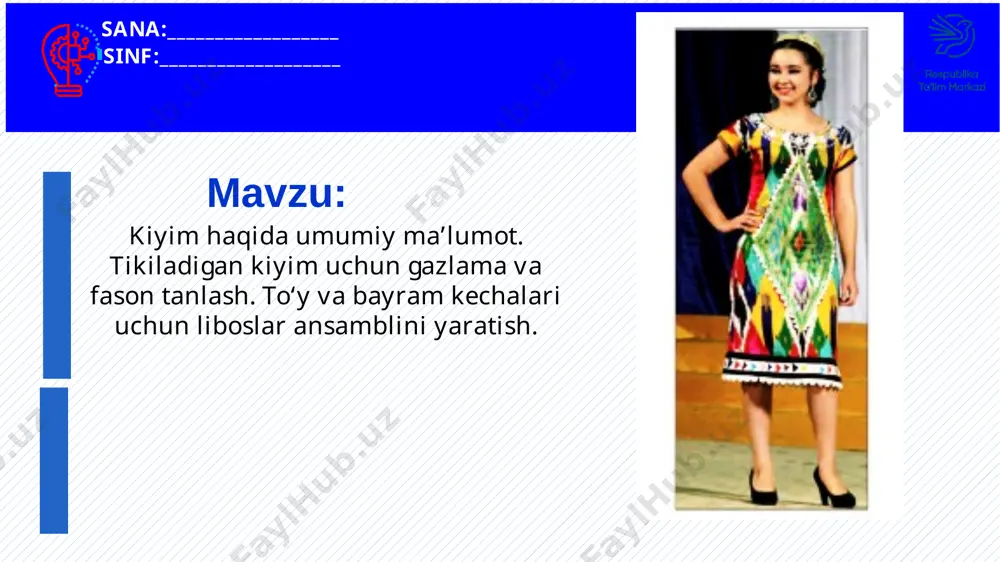 alomlashish davomatni aniqlash darsga tayyorgarlik ko‘rish o‘quvchilar diqqatini darsga qaratish. uyga vazifani so‘rash: savol – javob o‘tkazish topshiriqlarni tekshirish amaliy mashg‘ulotda tugallanmagan ishning oxiriga yetkazilganini tekshirish “aqliy hujum” 1-guruh 1 xalq hunarmandchiligi turlarini toping. a) quroqchilik b) zardo‘zlik s) to‘quvchilik d) hammasi to‘g‘ri. 2.quroqchilik san'atida nimadan foydalaniladi. a) gazlama qirqimlaridan b) matolardan s) iplardan. 3.ommaviy tikiladigan kiyimlar razmerlarini toping. 44,46,48 b) 50,52,54 s) 56,58,60 d) hammasi to‘g‘ri. . kiyimda razmerdan tashqari yana nima bo‘ladi. a) o‘lchov b) uzunligi s) aylanasi. chiroyli ,did bilan tikilgan qulay kiyimlar qanday talabga javob beradi. estetik b) gigiyenik s) texnik. 2-guruh gazlama ustiga andazani joylashtirib chizishda nimadan foydalanamiz. a) qalam b) bo‘r s) sovun d) hammasi to‘g‘ri. tikuvchilik kasblariga nimalar kiradi. a) tikuvchi b) bichiqchi s) dazmollovchi d) hammasi to‘g‘ri. choklarni va tayyor kiyimlarni kim dazmollaydi. a) dazmollovchi b) modelyer s) mexanik. 19. qalin choklarni kim dazmollaydi. a) dazmollovchi b) presslovchi s) bichiqchi. 10. qaysi …