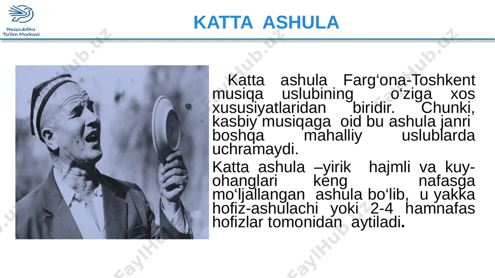 g. toshkent shahrim, toshqin shahrim, o‘zingdirsan yurak-bag‘rim. chaman nusxa yasangansan, saodatdan yashargansan. yulduz kabi charaqlaysan, baxtim bo‘lib yaraqlaysan. po‘lat mo‘min she’ri nadim norxo‘jayev musiqasi patnisaki ashulalar haqida taassurotlarni boyitish katta ashula janri farg‘ona – toshkent maqom yo‘llariga, ayniqsa yo‘llarining avjlariga sezilarli ta’sir ko‘rsatgan. qolaversa, bunday ta’sirlanish jarayonida har ikkala janr (katta ashula+maqom) xususiyatlarini o‘zida mujassam etgan yovvoyi maqom janri ham yuzaga kelgan edi. bunda farg‘ona-toshkent maqom ashula namunlarini jo‘rnavoz cholg‘ularisiz, katta ashulaga monand erkin aytilishi ko‘zda tutiladi. binobarin, «yovvoyi maqom» iborasi «usulsiz maqom» ma’nosida ham ishlatiladi. shunga ko‘ra, masalan, «ushshoq» ashula yo‘lining usulsiz (katta ashula uslubida ) ijro etilishi «yovvoyi ushshoq», shuningdek «chorgoh» yo‘li – «yovvoyi chorgoh» kabi ataladi. «yovvoyi » so‘zi o‘rnida «patnisaki maqom» tushunchasi ham ishlatiladi… keyingi darsda ko‘rishguncha… 10 image11.png image12.png image13.png image14.jpeg image15.png image16.jpeg image17.jpeg image18.jpeg image19.jpeg image20.jpeg image21.jpeg image22.gif image23.png image24.jpeg image25.jpeg image26.gif image27.gif image28.jpeg image29.gif media3.mp3 232.08667 image30.png image31.jpeg image32.jpeg image33.gif image34.gif image35.jpeg image36.png